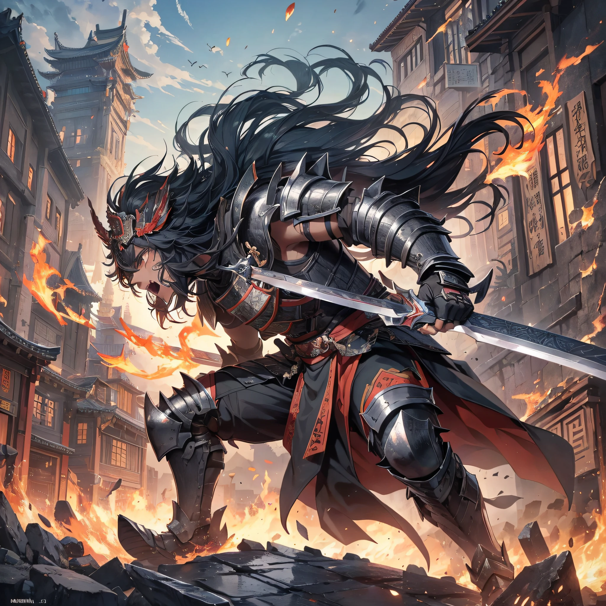 Absurd resolution, high resolution, (masterpiece: 1.4), hyper-detailed, ancient Chinese, black long-haired young man (1.3), roar (1.2), cry (1.2), armored samurai in black armor, wielding swords, blood, fighting, standing on ancient city walls (1.3), dusk, fire