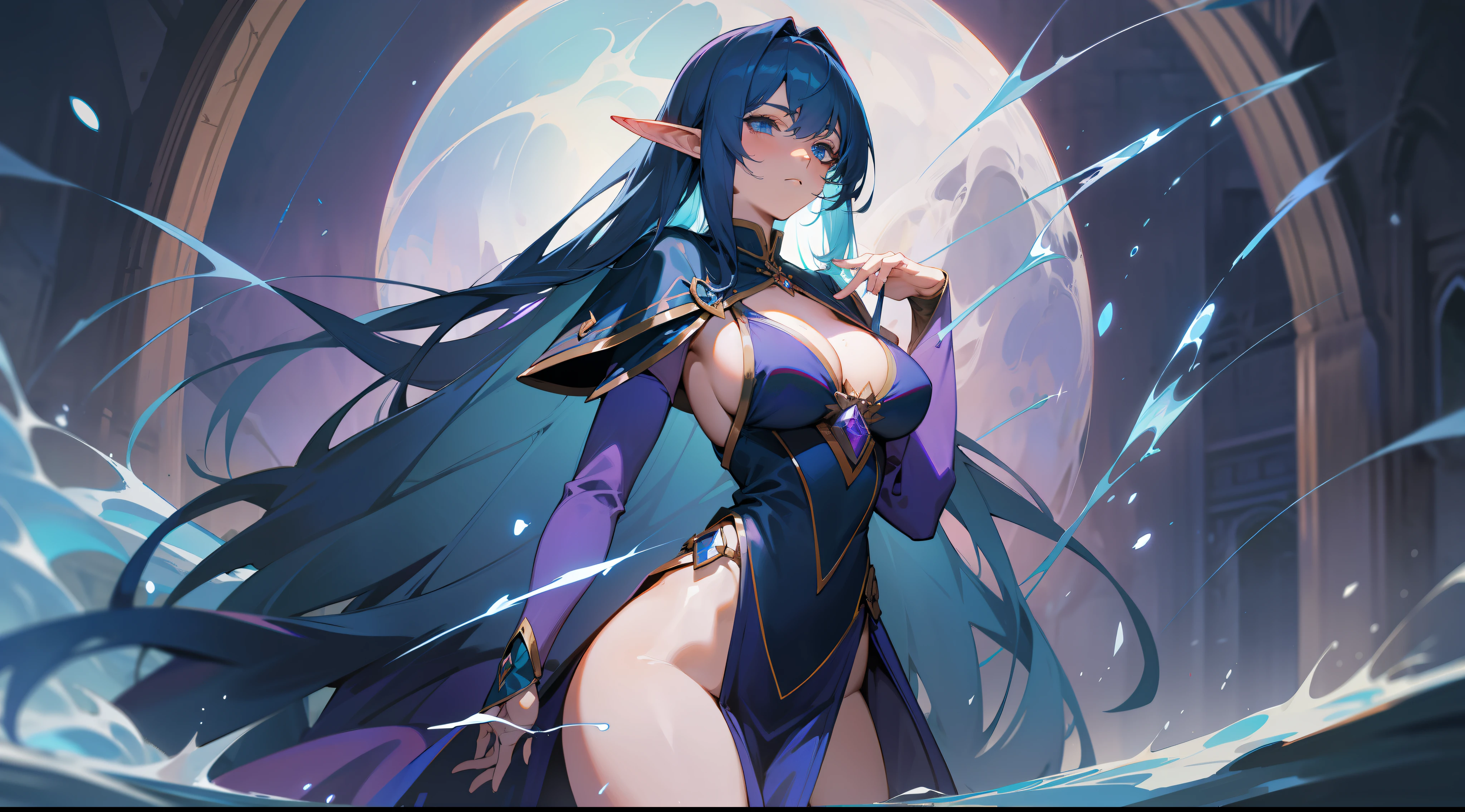 an elf mage, long dark blue hair, bangs covering one eye, large breasts, exposed thighs, hair between eyes, heroic posture, blue eyes, full body, dark blue and purple robe, confident, fantasy, medieval, water magic, night, lens reflection