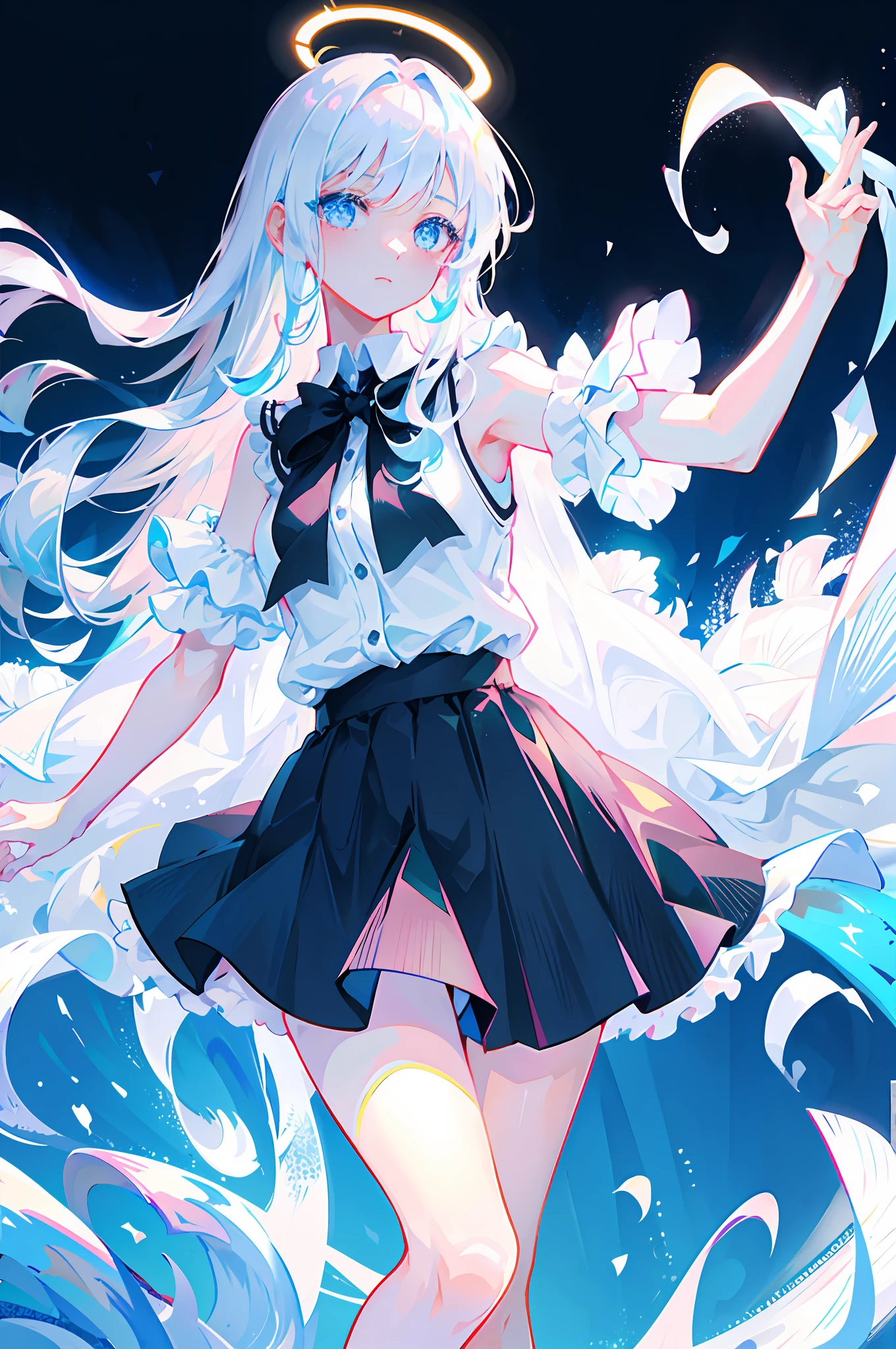 Best quality, super high resolution, (realism: 1.4), 1 woman, sleeveless white button-down shirt, black skirt, black collar, (Kpop idol), (aegyo sal:1), (white gold: 1), (puffy eyes)), looking at the audience, full body, flowers, blue eyes, long hair