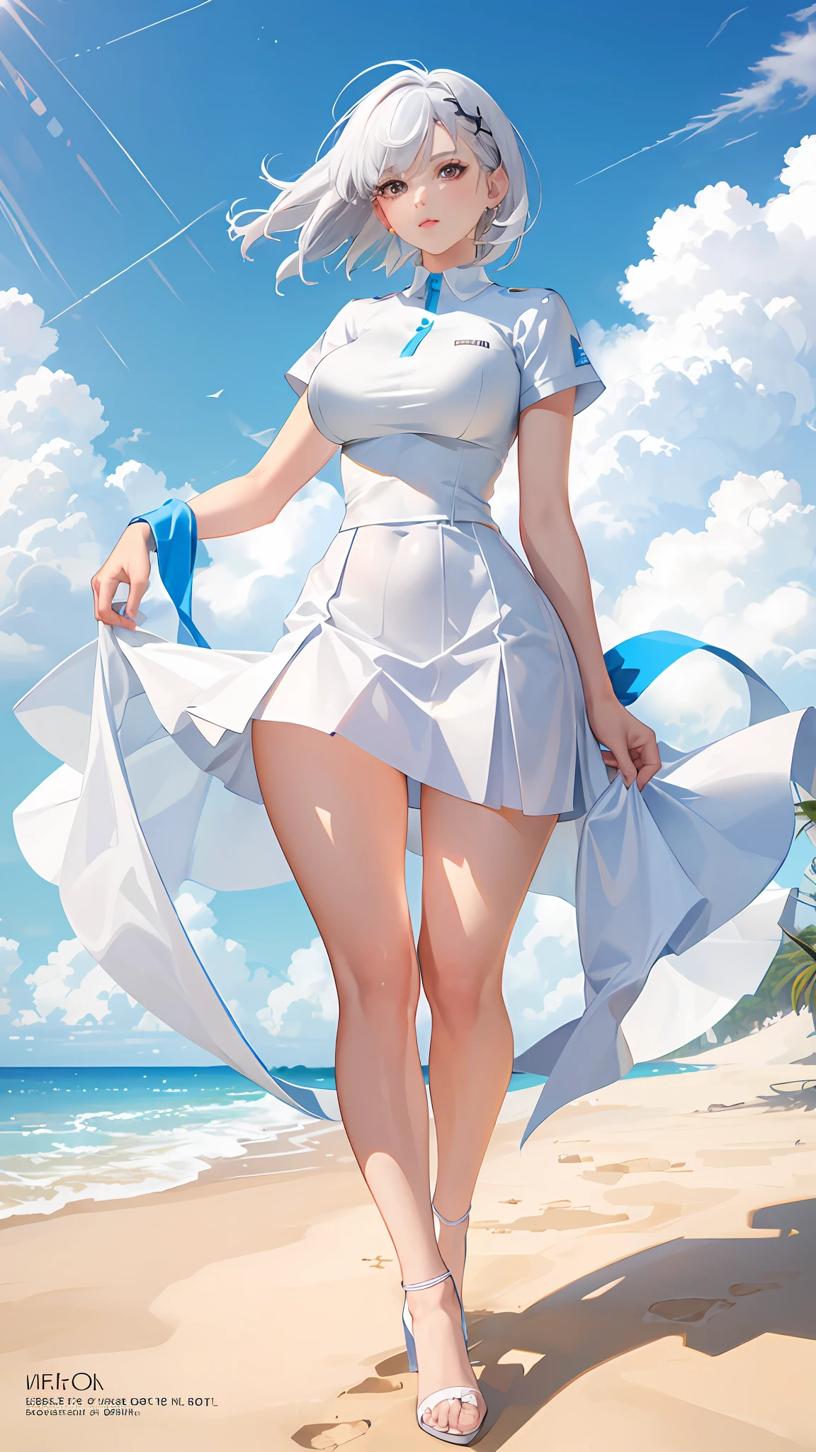 (Full body photography: 1.5), 1 girl, solo, white polo shirt, white high heels, tennis suit, white mini skirt, short hair, masterpiece, best quality, realistic, ultra-detailed, (shiny skin), looking at the viewer, black hair, black eyes, slender, dynamic lighting, high resolution, sharp focus, depth of field, slender eyes, (big breasts: 1.5), (thick thighs: 1.0), li, outdoors, blue sky