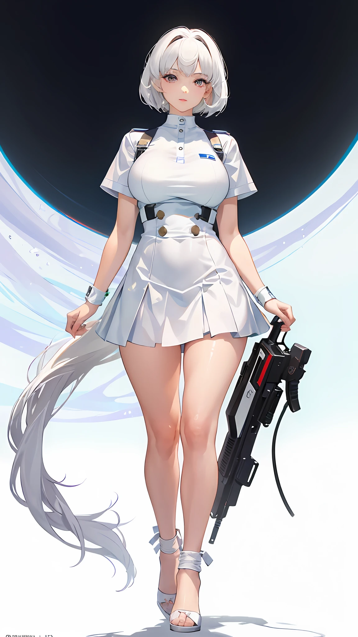(Full body photography: 1.5), 1 girl, solo, white polo shirt, white high heels, tennis suit, white mini skirt, short hair, masterpiece, best quality, realistic, ultra-detailed, (shiny skin), looking at the viewer, black hair, black eyes, slender, dynamic lighting, high resolution, sharp focus, depth of field, slender eyes, (big breasts: 1.5), (thick thighs: 1.0), loli, outdoors, blue sky
