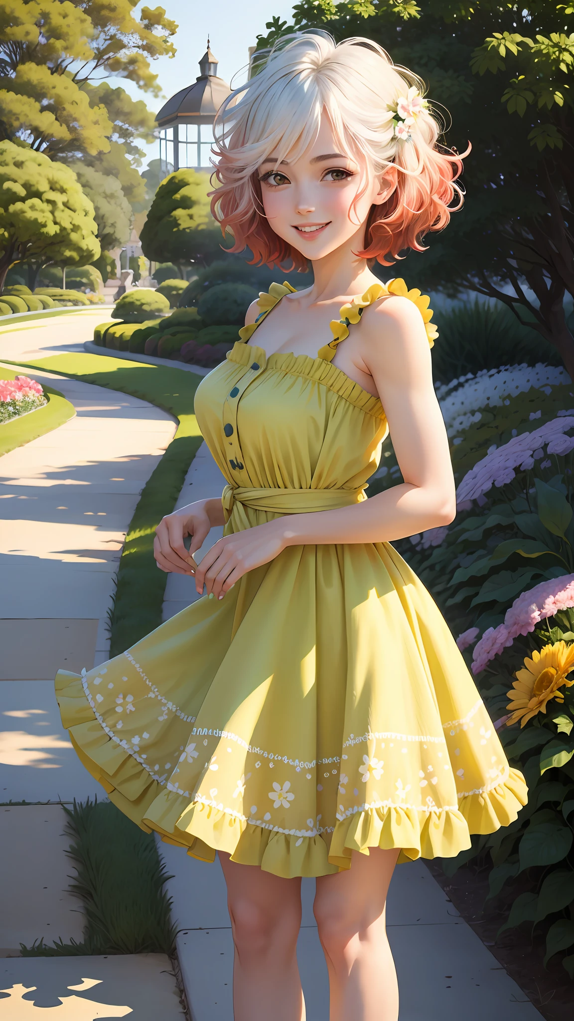 masterpiece, best quality, absurdres, perfect antomy, 1girl, solo, PascalTales, short hair, beautiful, cheerful, sunny day, botanical garden, summer breeze, sundress, floral pattern, wavy hair, smiling