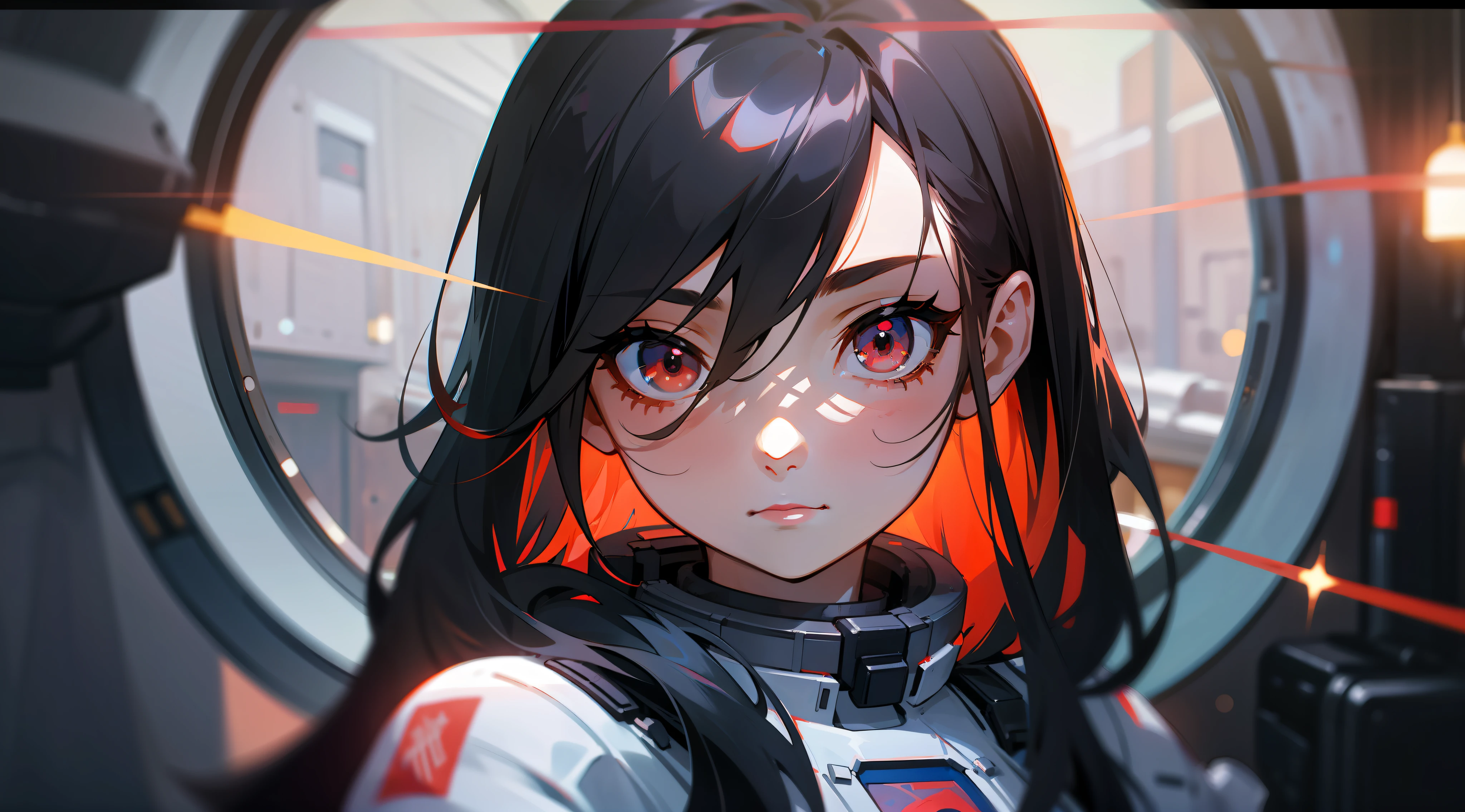 1girl, flat chest, cute, beautiful and detailed eyes, life on the space station, mirror props, shiny hair, visible through hair, hair between the eyes, white monochrome, , Soviet Union, communism, black hair, red eyes, vampires, girl, poor breasts, space suit: blurred foreground, HD, depth of field, bokeh, bust, medium shot, 56mm lens