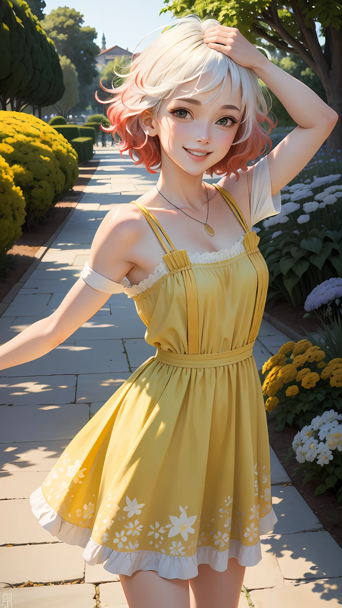 masterpiece, best quality, absurdres, perfect antomy, 1girl, solo, PascalTales, short hair, beautiful, cheerful, sunny day, botanical garden, summer breeze, sundress, floral pattern, wavy hair, smiling