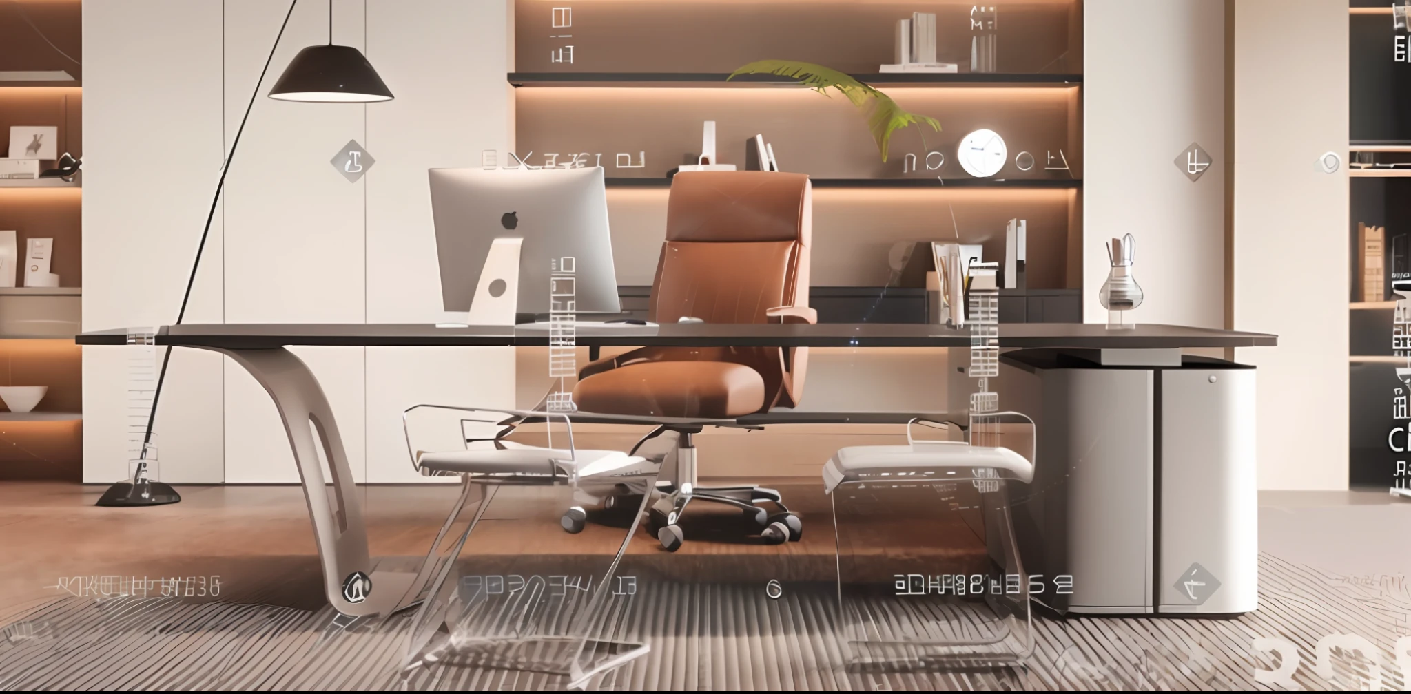there is a computer desk with a monitor and a chair in the room, office background, highly detailed perfect render, high-quality render, luxury hd render, high quality 3d realistic, modern office, 8k vray render, highly detailed render, corner office background, v - ray collection, v-ray collection, high definition render, 3 d photorealistic render