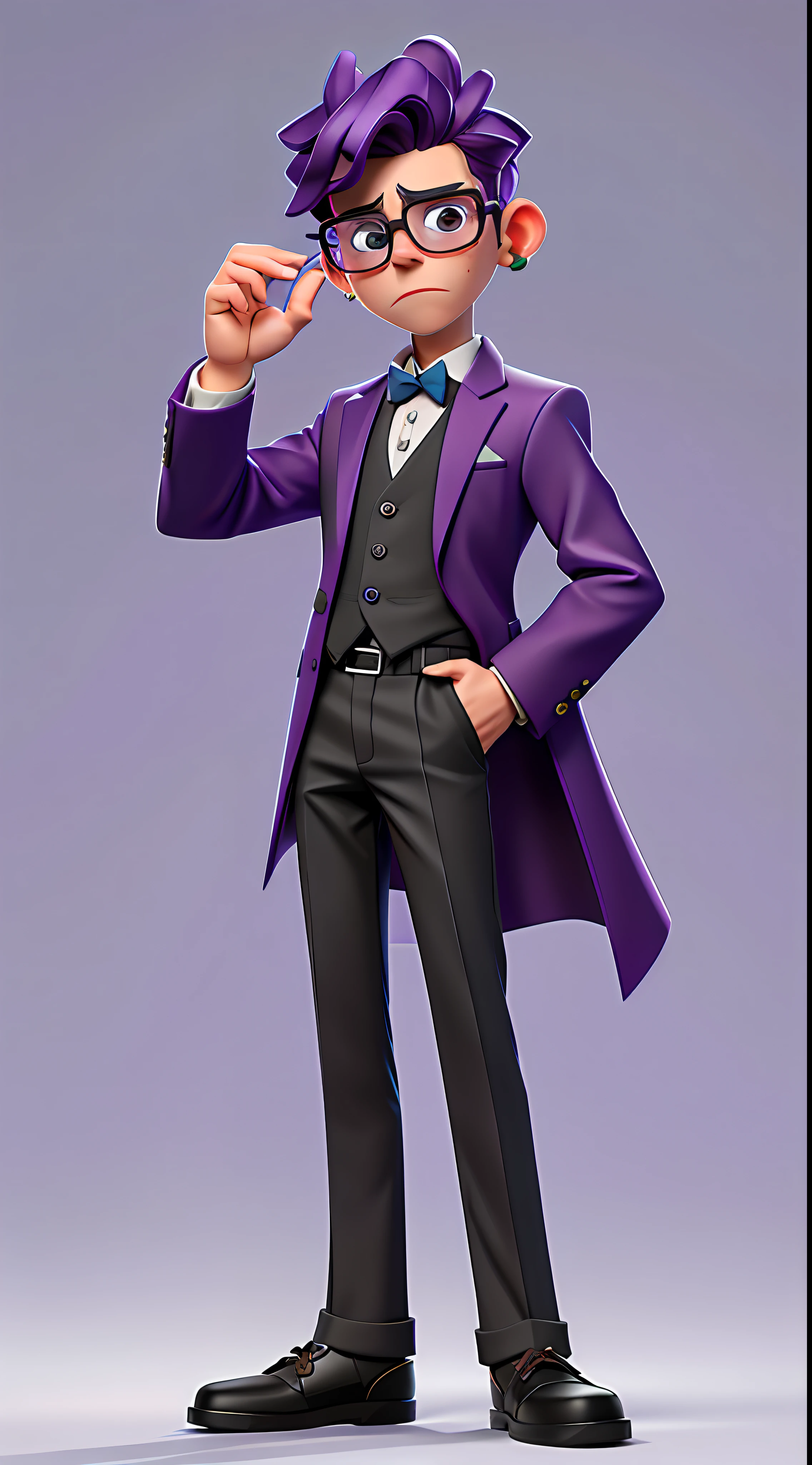 (best quality, masterpiece), 1boy, full body, purple hair, dark purple and black suit, purple sunglasses, using a purple smartphone, white flat background