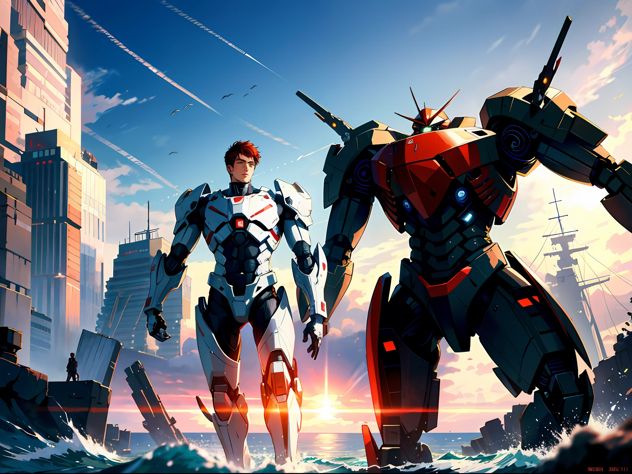 High resolution, highest quality, illustration, super detailed, a handsome young man in a white mobile combat suit, standing by the harbor, behind him stands a huge red mech, Pacific Rim robot