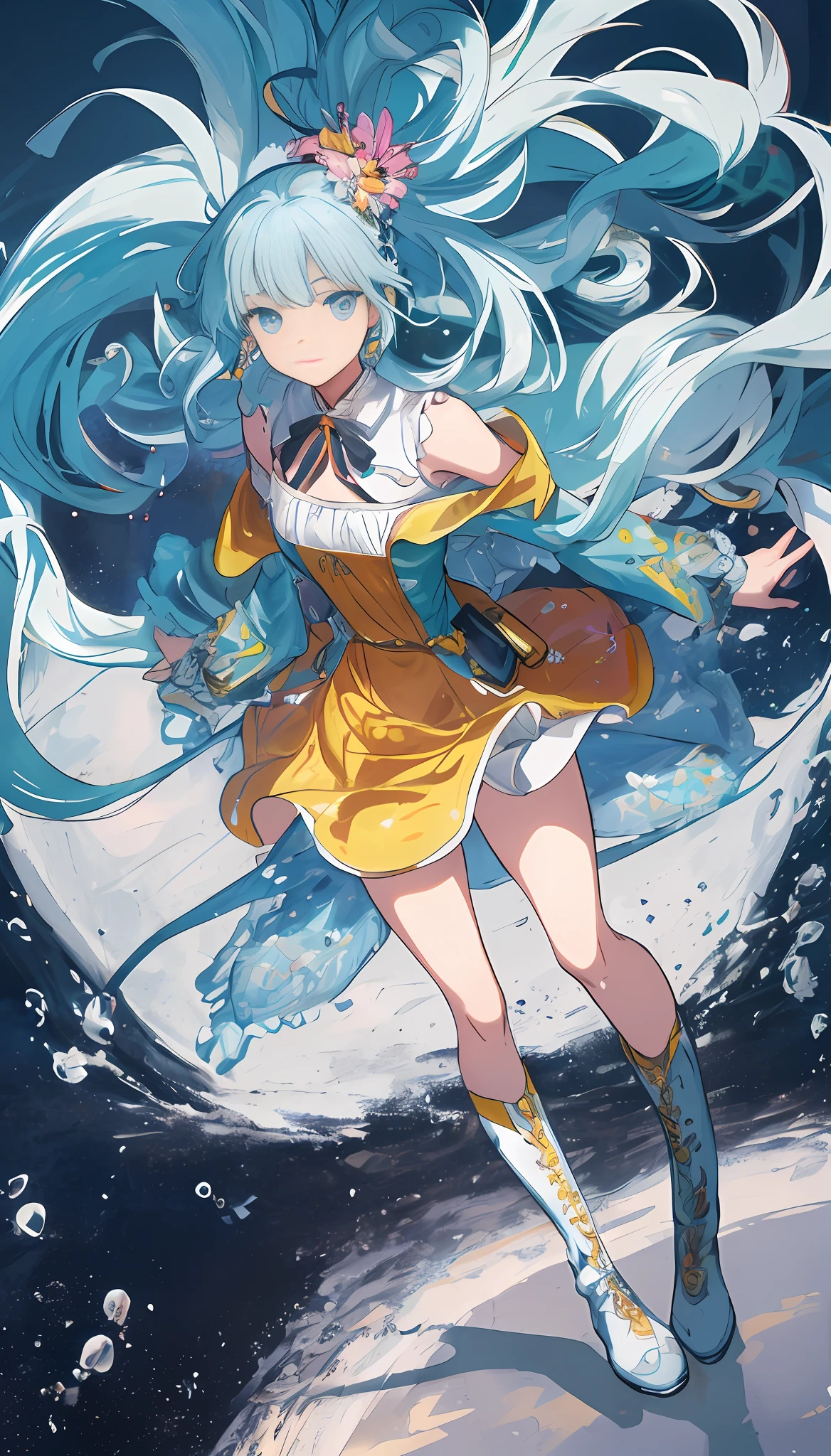 (Masterpiece), (Best Quality), (Super Detail), (disheveled Hair), (Illustration), (One Girl), (Fashionable Clothes), Standing, Fashion Model, Beholder, (Interview), (Simple Background), Finely Beautiful Eyes, Delicate Beautiful Face, Floating, (High Saturation), (Colorful Water Splash), Colorful Bubble, (Shine), Focus on Face, Ponytail, Ayaka Kamisato, Light blue hair, bangs, hair ring, floating flowers, floating hair, (shining), best lighting, best shadow, full body shown, multiple magic circles, flame attribute, magic, beautiful girl, beautiful legs, boots
