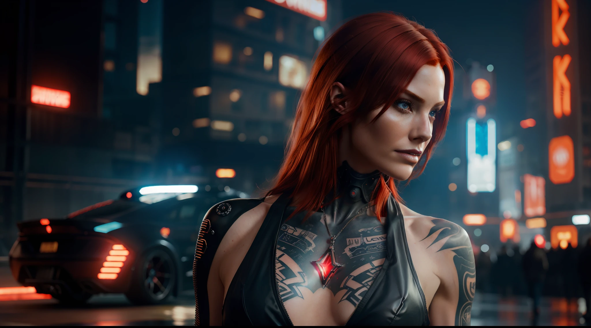 Red-haired woman showing her face, alone, from the torso up, with cybernetic enhancements with tattoo of magical symbols, in front of cyberpunk buildings, vibrant, photorealistic, realistic, hyper-realism, insanely detailed, dramatic, dark, sharp focus, 8k