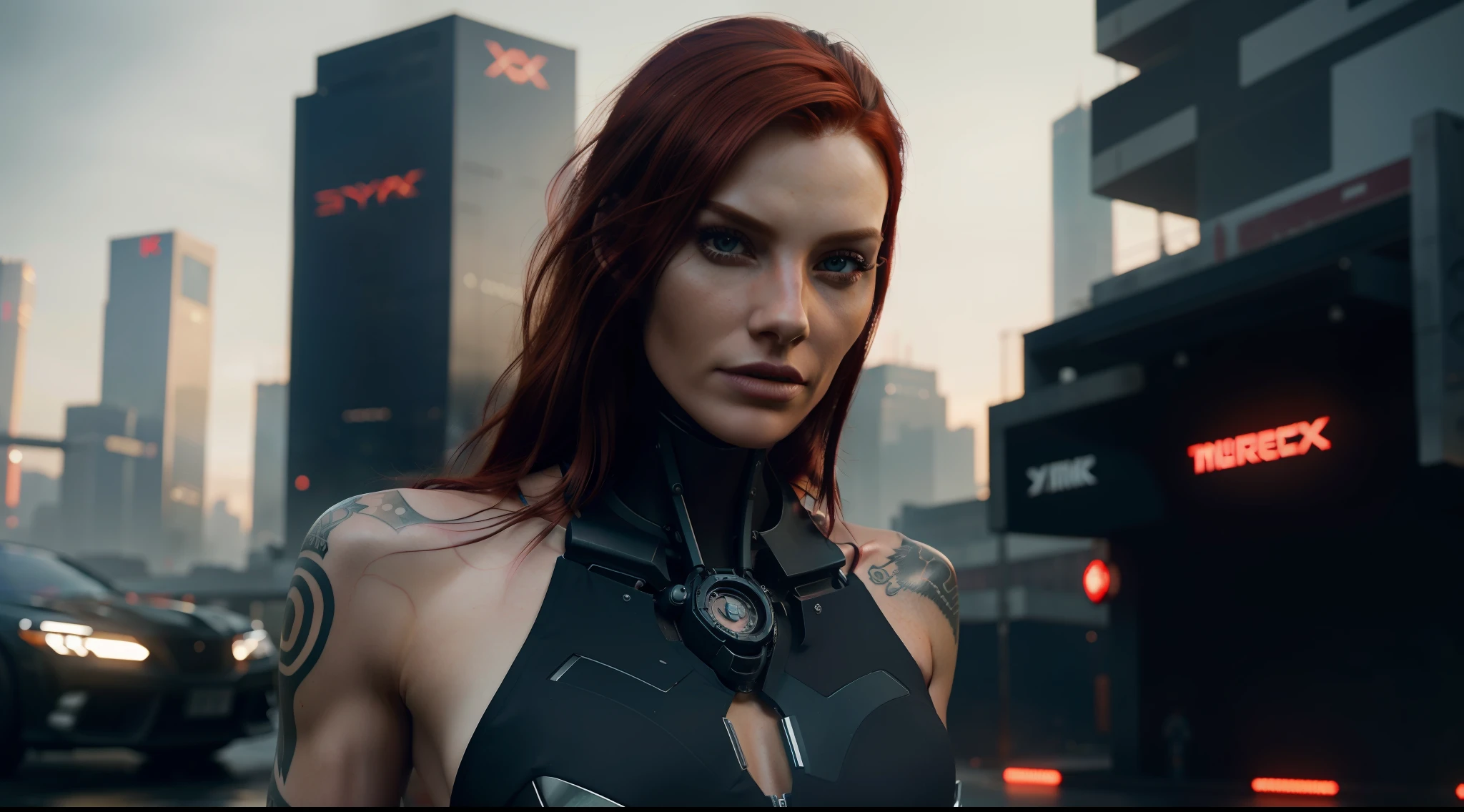 Red-haired woman showing her face, alone, from the torso up, with cybernetic enhancements with tattoo of magical symbols, in front of cyberpunk buildings, vibrant, photorealistic, realistic, hyper-realism, insanely detailed, dramatic, dark, sharp focus, 8k