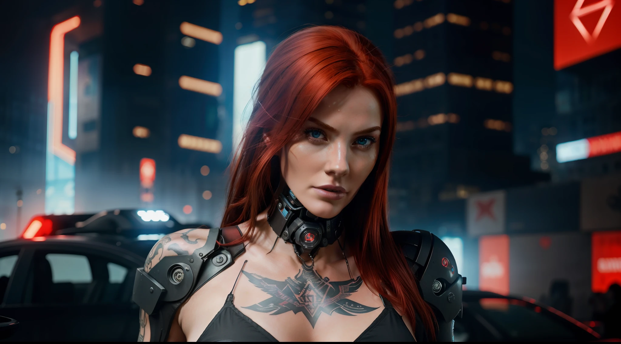 Red-haired woman showing her face, alone, from the torso up, with cybernetic enhancements with tattoo of magical symbols, in front of cyberpunk buildings, vibrant, photorealistic, realistic, hyper-realism, insanely detailed, dramatic, dark, sharp focus, 8k