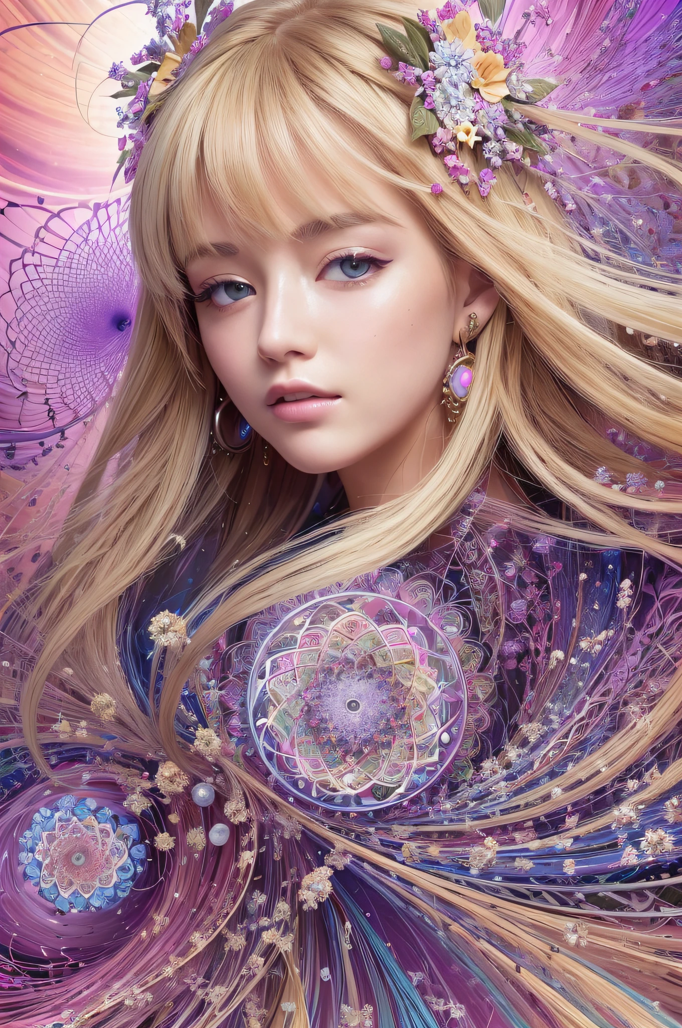 (best quality, masterpiece, official art, beautiful and aesthetic:1.2), 1girl, blonde, (hair ornaments, earrings, flowers hair ornaments), upper body, dynamic pose, looking at viewer, particle, wind, flower, intricate background, extremely detailed, (fractal art:1.2), colorful, (zentangle:1.2), (abstract background:1.5), (many colors:1.4), pixelated fragments, data corruption, colorful noise, visual chaos, contemporary aesthetics,