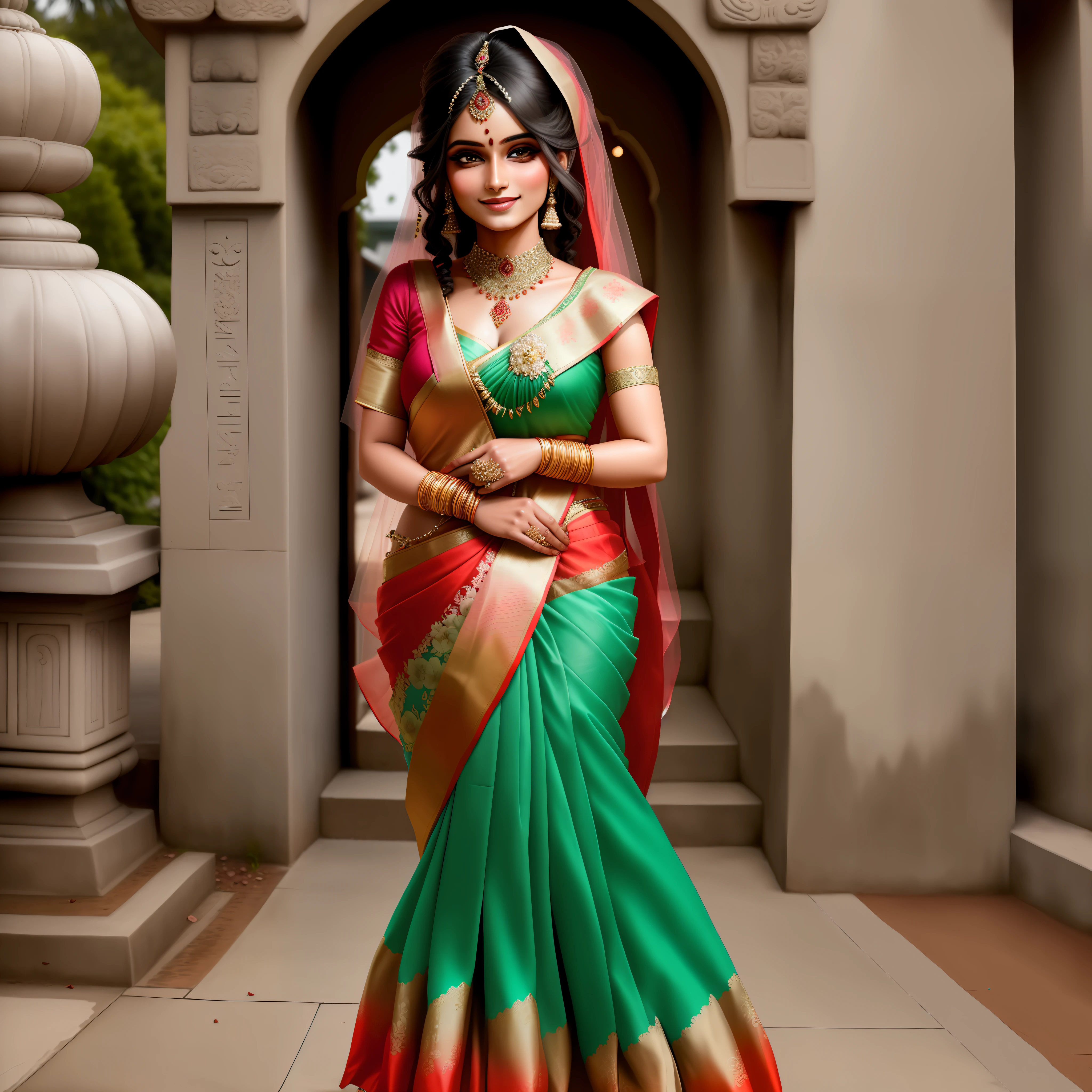 A beautiful bride wearing a Indian styles saree amezing makeup and stret hair style waiting her groom into the marriage hall gate with cute smile