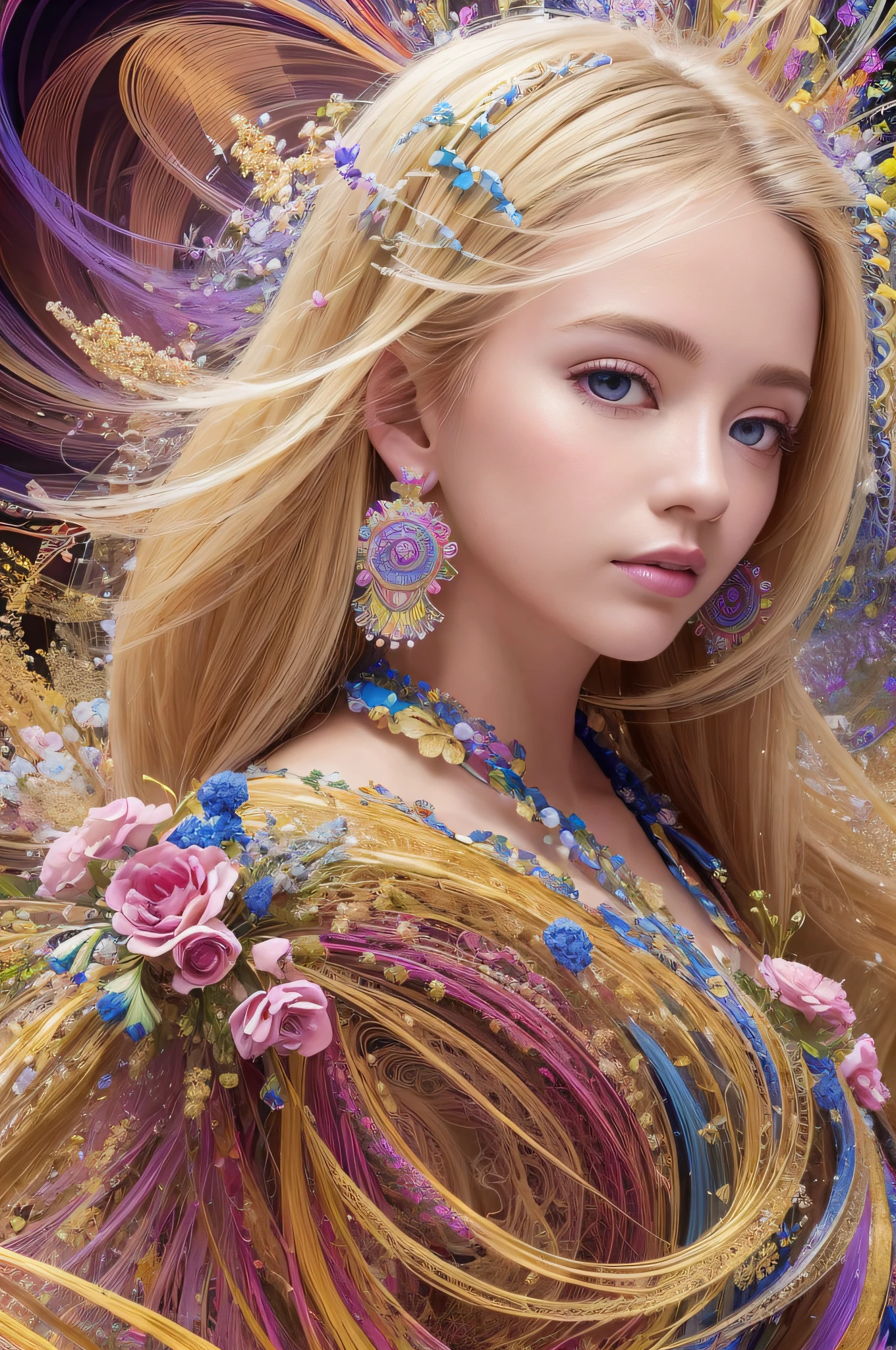 (best quality, masterpiece, official art, beautiful and aesthetic:1.2), 1girl, blonde, (hair ornaments, earrings, flowers hair ornaments), upper body, dynamic pose, looking at viewer, particle, wind, flower, intricate background, extremely detailed, (fractal art:1.2), colorful, (zentangle:1.2), (abstract background:1.5), (many colors:1.4), pixelated fragments, data corruption, colorful noise, visual chaos, contemporary aesthetics,