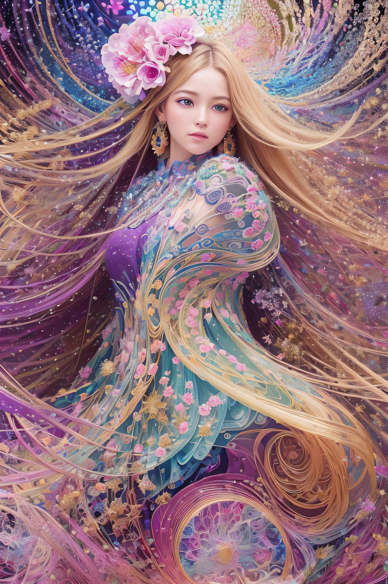 (best quality, masterpiece, official art, beautiful and aesthetic:1.2), 1girl, blonde, (hair ornaments, earrings, flowers hair ornaments), upper body, dynamic pose, looking at viewer, particle, wind, flower, intricate background, extremely detailed, (fractal art:1.2), colorful, (zentangle:1.2), (abstract background:1.5), (many colors:1.4), pixelated fragments, data corruption, colorful noise, visual chaos, contemporary aesthetics,