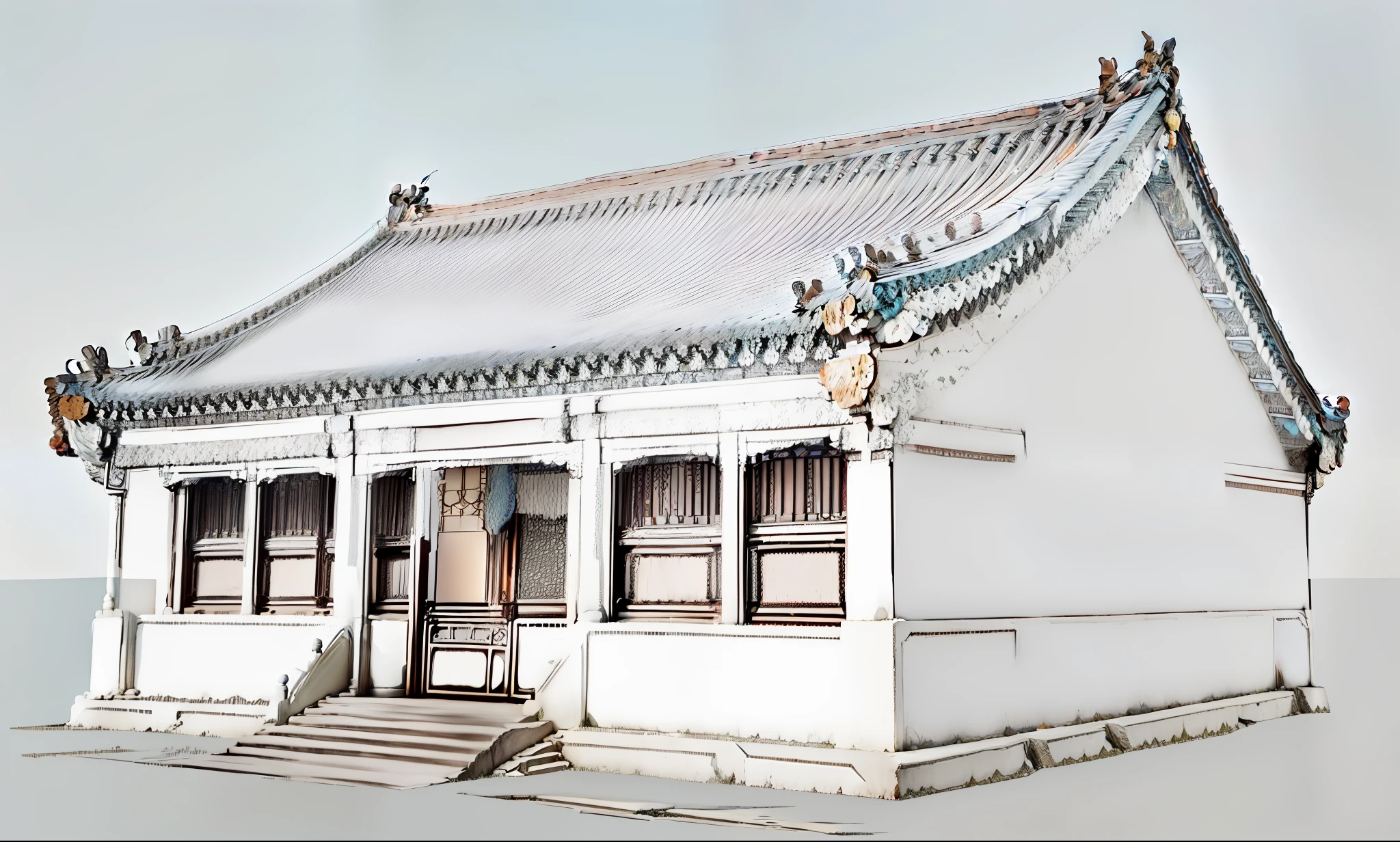 a drawing of a small house with a roof and a porch, frontview, chinese building, front-view, an extremely detailed building, inspired by Dong Yuan, front side, sketch - up, chinese architecture, front perspective, side-view. highly detailed, a digital rendering, autocad, front elevation view, with 3 d render, front view