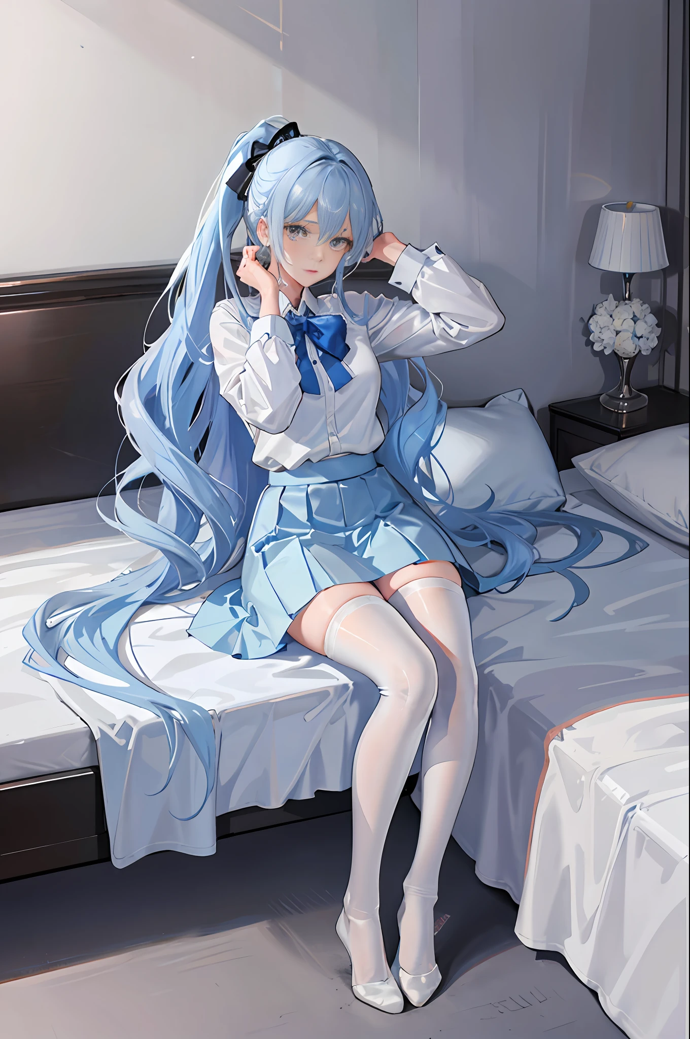 (((1 girl)), ray tracing, (dim lighting), [detailed background (bedroom)), ((light blue hair)), ((light blue hair)), (fluffy light blue hair, plump and slender girl)) tied with a high ponytail) Avoid having golden eyes in an ominous bedroom ((((girl wearing a white shirt, light blue wrinkled skirt, white stockings)))), it shows a delicate slender figure and beautiful curves, correct limbs, sit on the bed, put your hands behind your head and your hands behind your head