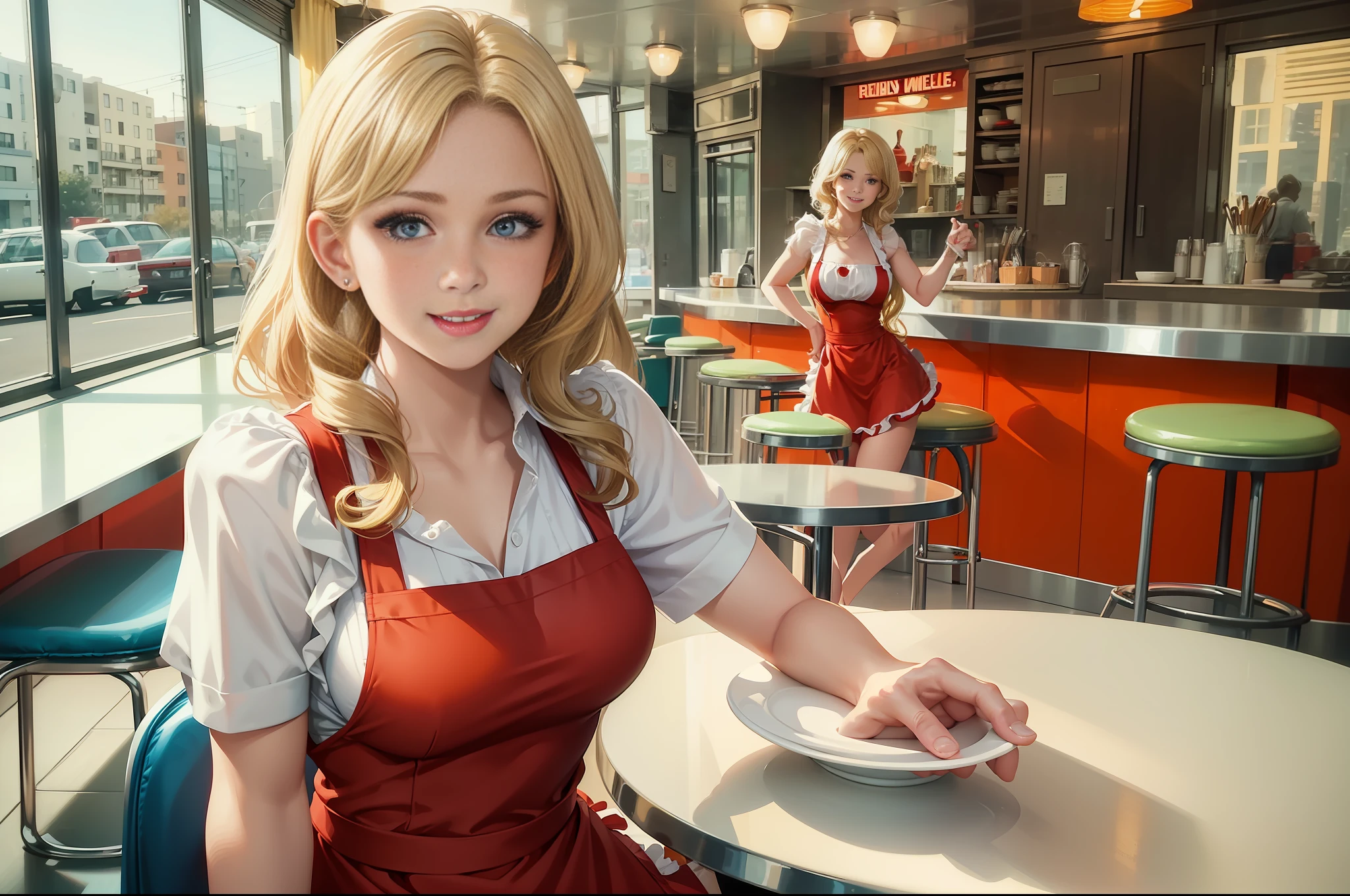 Generate an image of a young woman in a 70's style with a vintage American comic book look. The woman is blonde, shoulder length hair, curled outward, and is a waitress at a diner. She is wearing a (((red dress))) and (((white apron))), She has a smiling expression on her face and the background is a diner with retro furniture.