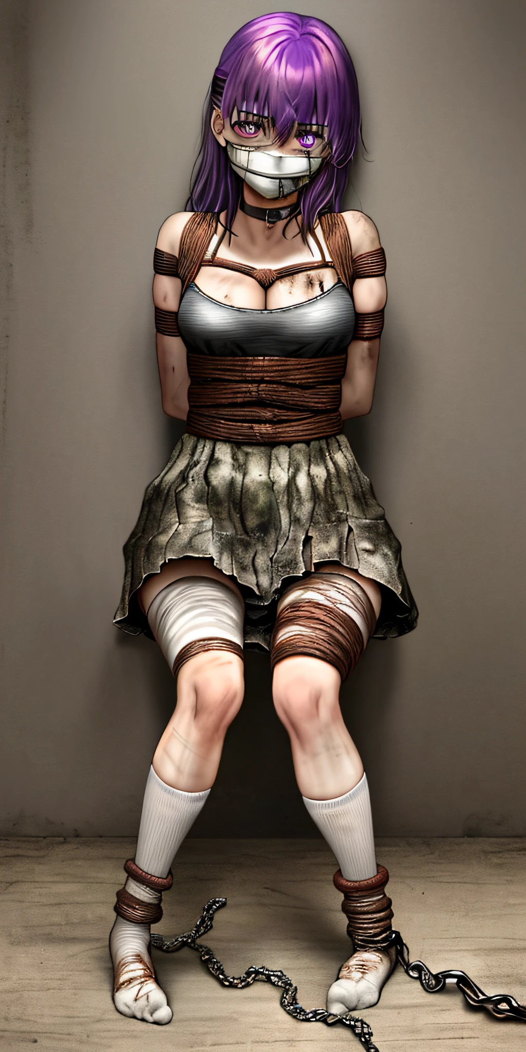 (Sakura_Matou), (masterpiece), (((hands_tied_behind_back))), ((socks)), ((white_dirty_socks)), wet_herself, top_quality, anime_girl, beautiful, purple_hair, (covered_in_mud), (dirty), slave, (dirty_bra), bra, collared, (((feet_bound_together))), feet_tied, legs_bound_together, tied_feet, destroyed_clothes, dirty_rags, dirty_face, dirty_feet, (tape_gagged), ((chained_feet)), chained, best_quality, ((bondage)), (tied_hands), gagged, small_breast, bound_hands, collar, basement, (humiliation), 8k, perfect_face, perfect_feet, mud, crying, ((smelly_feet)), dark_basement, scared, perfect_toes, perfect_eyes, wounds, darkness, torture