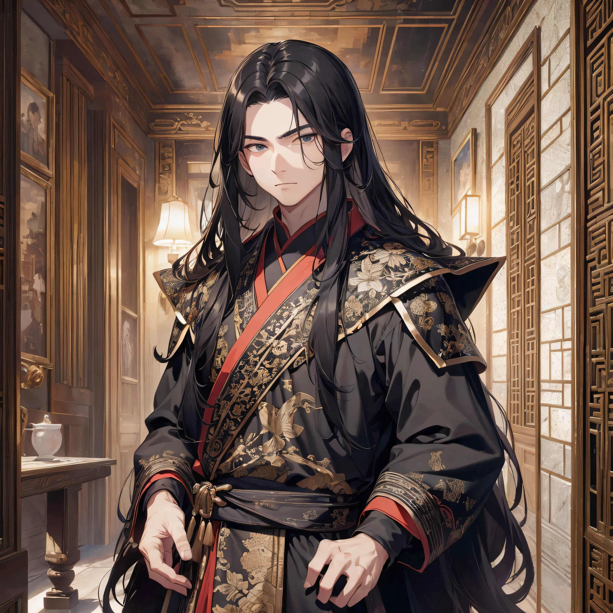 Absurd resolution, high resolution, (masterpiece: 1.4), hyper-detail, ancient China, night, standing in a mansion, black long-haired young man (1.3), wearing black cloth, serious and firm expression (1.5)