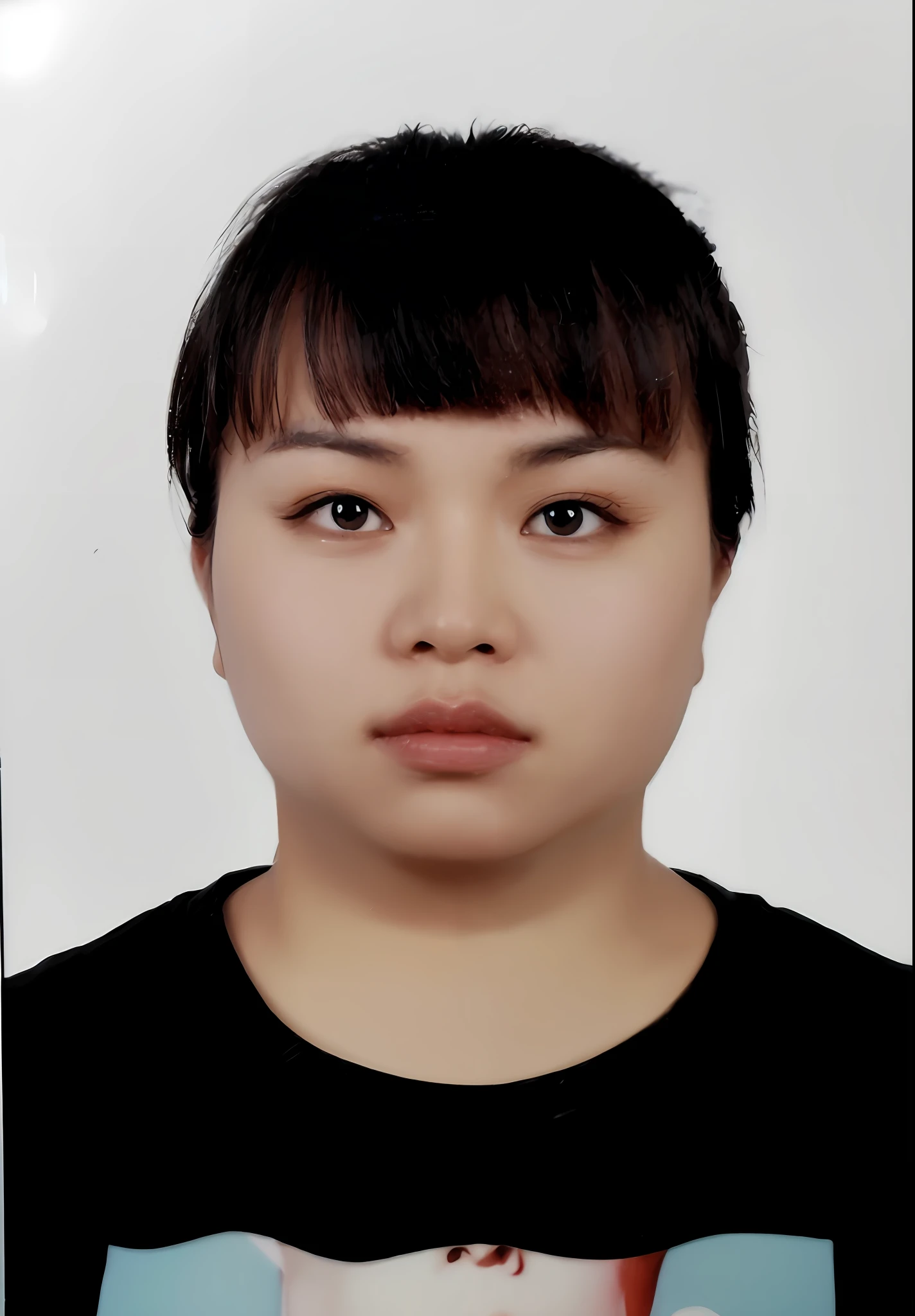 (8k, best quality, masterpiece: 1.2), (realistic, realistic: 1.37), super detailed, best quality, super high resolution, professional lighting, woman with a black shirt black shirt, round face Southeast Asian, 2 , passport photo, plain white background