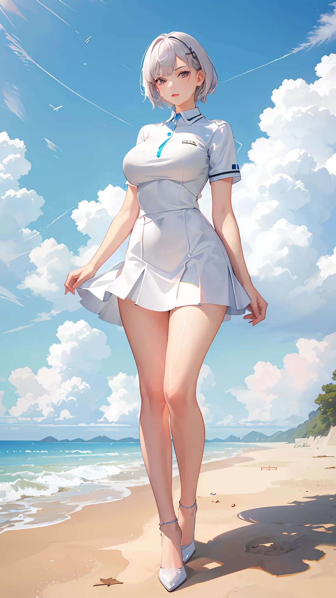 (Full body photography: 1.5), 1 girl, solo, white polo shirt, white high heels, tennis suit, white mini skirt, short hair, masterpiece, best quality, realistic, ultra-detailed, (shiny skin), looking at the viewer, black hair, black eyes, slender, dynamic lighting, high resolution, sharp focus, depth of field, slender eyes, (big breasts: 1.5), (thick thighs: 1.0), li, outdoors, blue sky