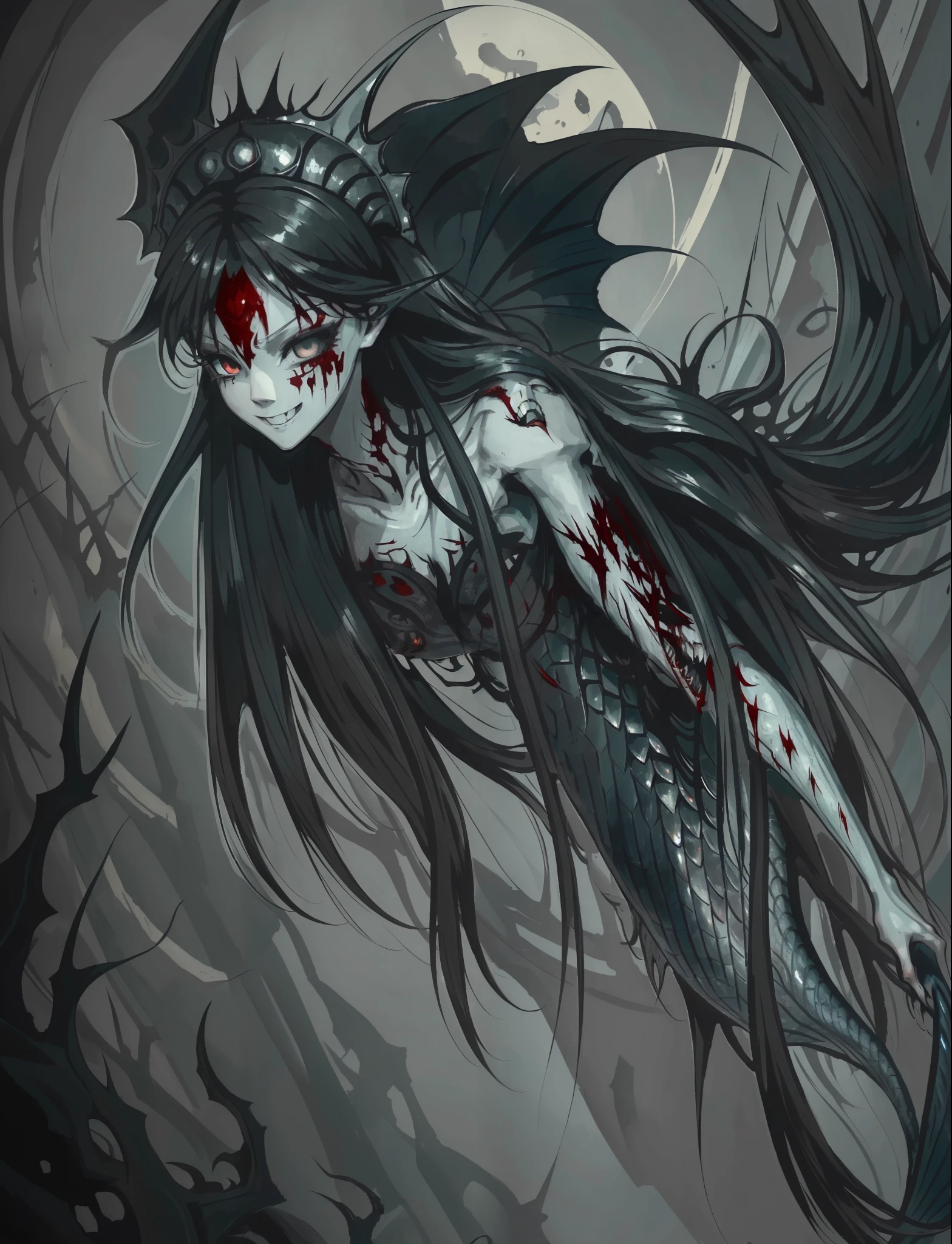 (masterpiece, best quality:1.2),bloody, beautiful face,(Gray\green skin),mermaid, highly detailed, {best quality}, {{depth of field}}, illustration, solo, sharp focus, {{character {1 girl }},black straight hair,(hair is straight and loose), beautiful detailed eyes, sharp teeth, {looking at viewer},{masterpiece illustration},full body, normal angle,horror art, creepy, beautiful form of chaos, elegant, dull colors, romanticism,an evil mermaid siren, maniacal smile, atmospheric, death, decay, horror art, blood,