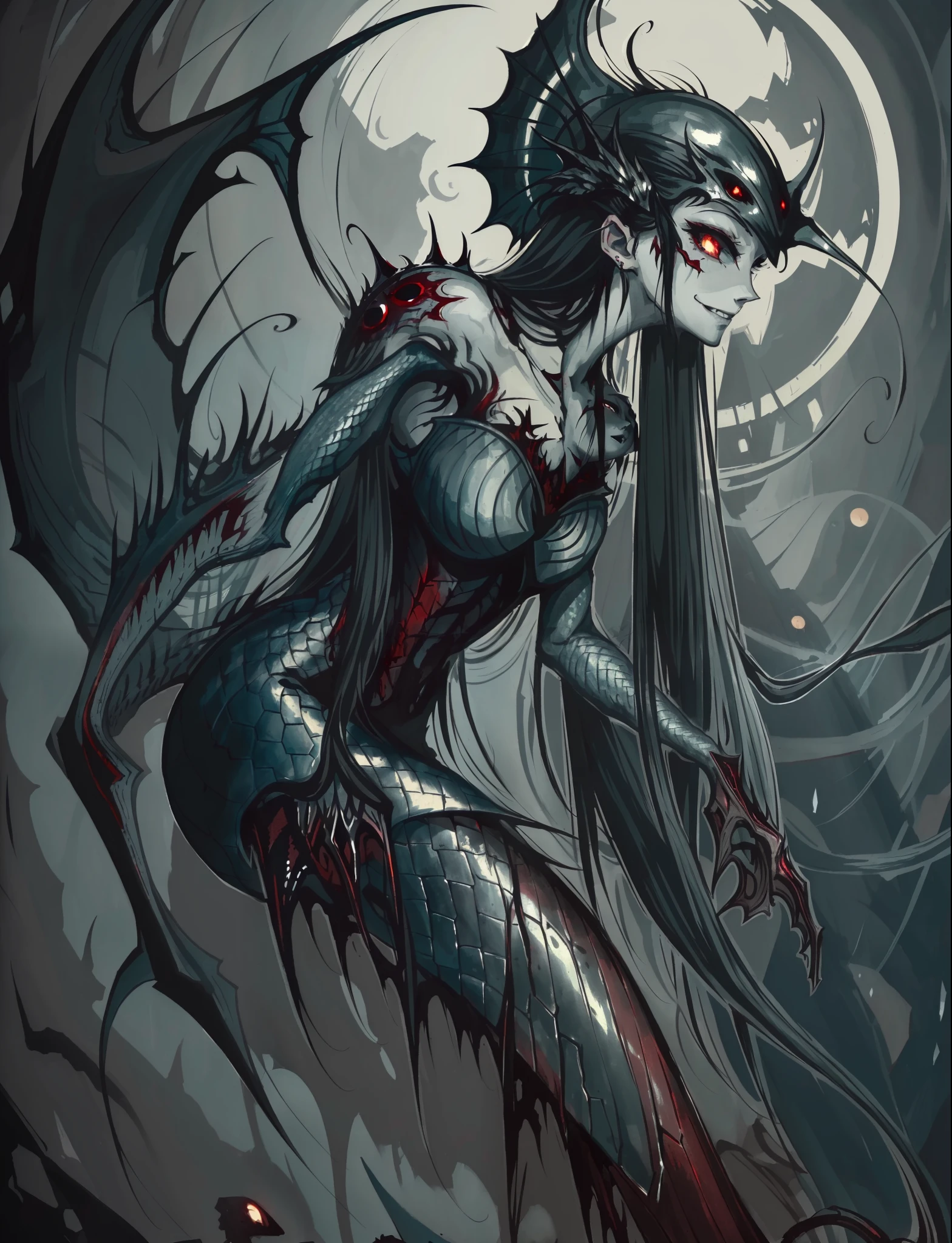 (masterpiece, best quality:1.2),bloody, beautiful face,(Gray\green skin),mermaid, highly detailed, {best quality}, {{depth of field}}, illustration, solo, sharp focus, {{character {1 girl }},black straight hair,(hair is straight and loose), beautiful detailed eyes, sharp teeth, {looking at viewer},{masterpiece illustration},full body, normal angle,horror art, creepy, beautiful form of chaos, elegant, dull colors, romanticism,an evil mermaid siren, maniacal smile, atmospheric, death, decay, horror art, blood,