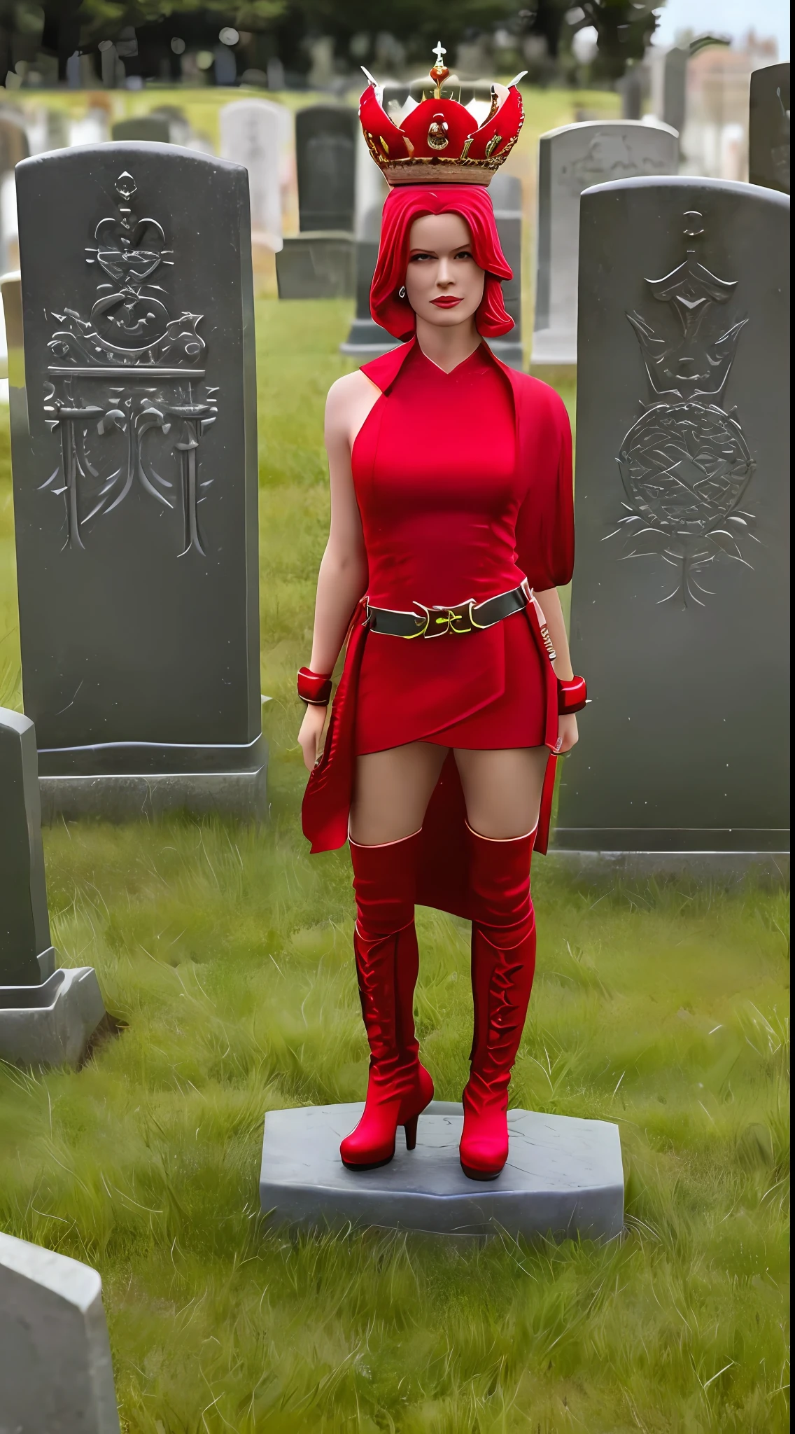 female figurine, with a queen's crown, long red dress, next to one (tombstone), solo, (1girl:1.3), (female model:1.3), woman, female, dynamic pose, flawless, RAW, medium close-up up, shoulders up, flat background, model photography, on display, high detail, insane detail, (standing at base:1.3), (boots:1.3), depth of field