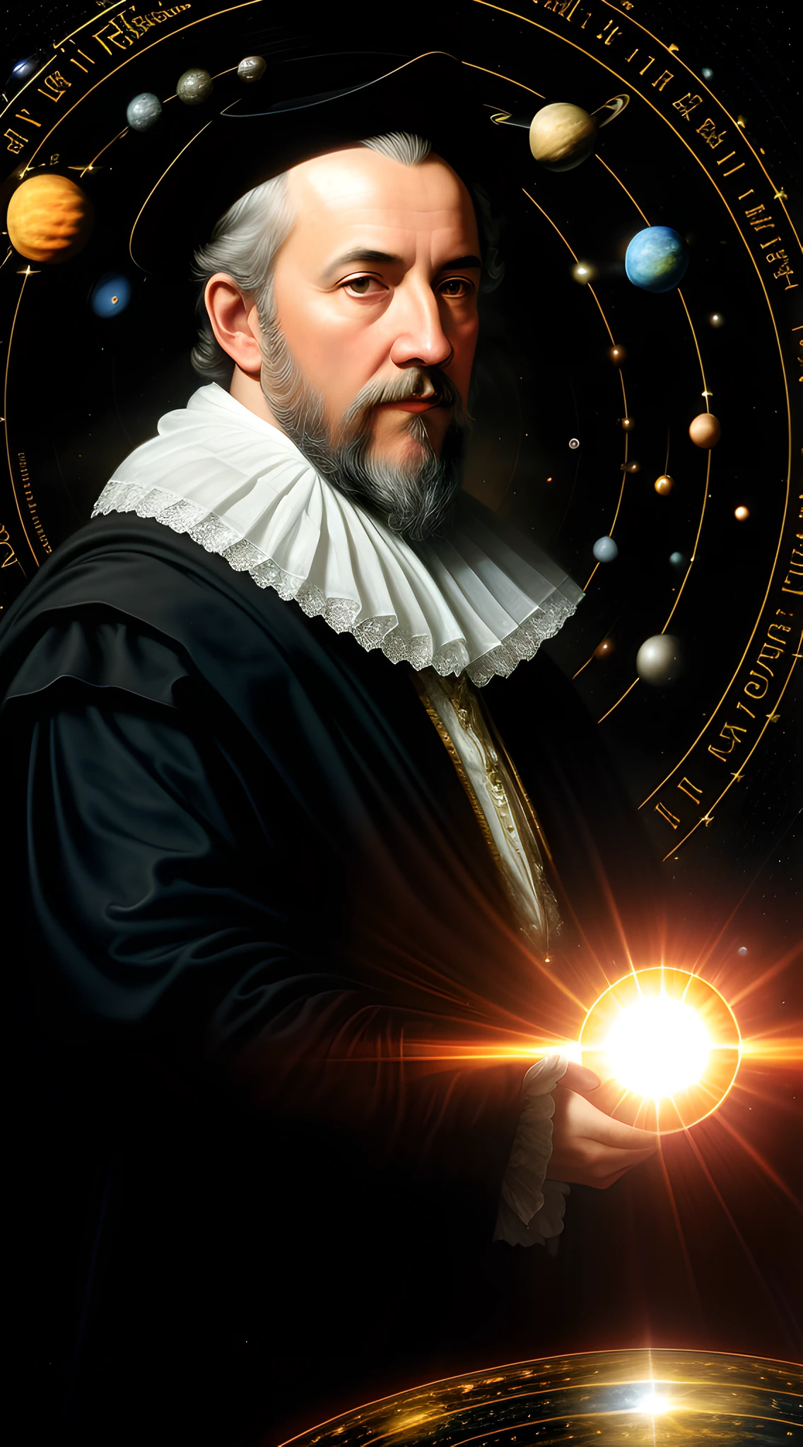 (masterpiece, 8K, UHD, photo-realistic by Greg Rutkowski:1.3), Galileo Galilei, inquisitive and wise, (16th-century attire:1.2), elaborate ruff, dark doublet, holding a telescope, gazing towards the viewer, (backdrop of the solar system:1.4), planets in alignment, star-studded black void, the sun at the center, subtle reflections, cool colors, serene atmosphere, looking at viewer.