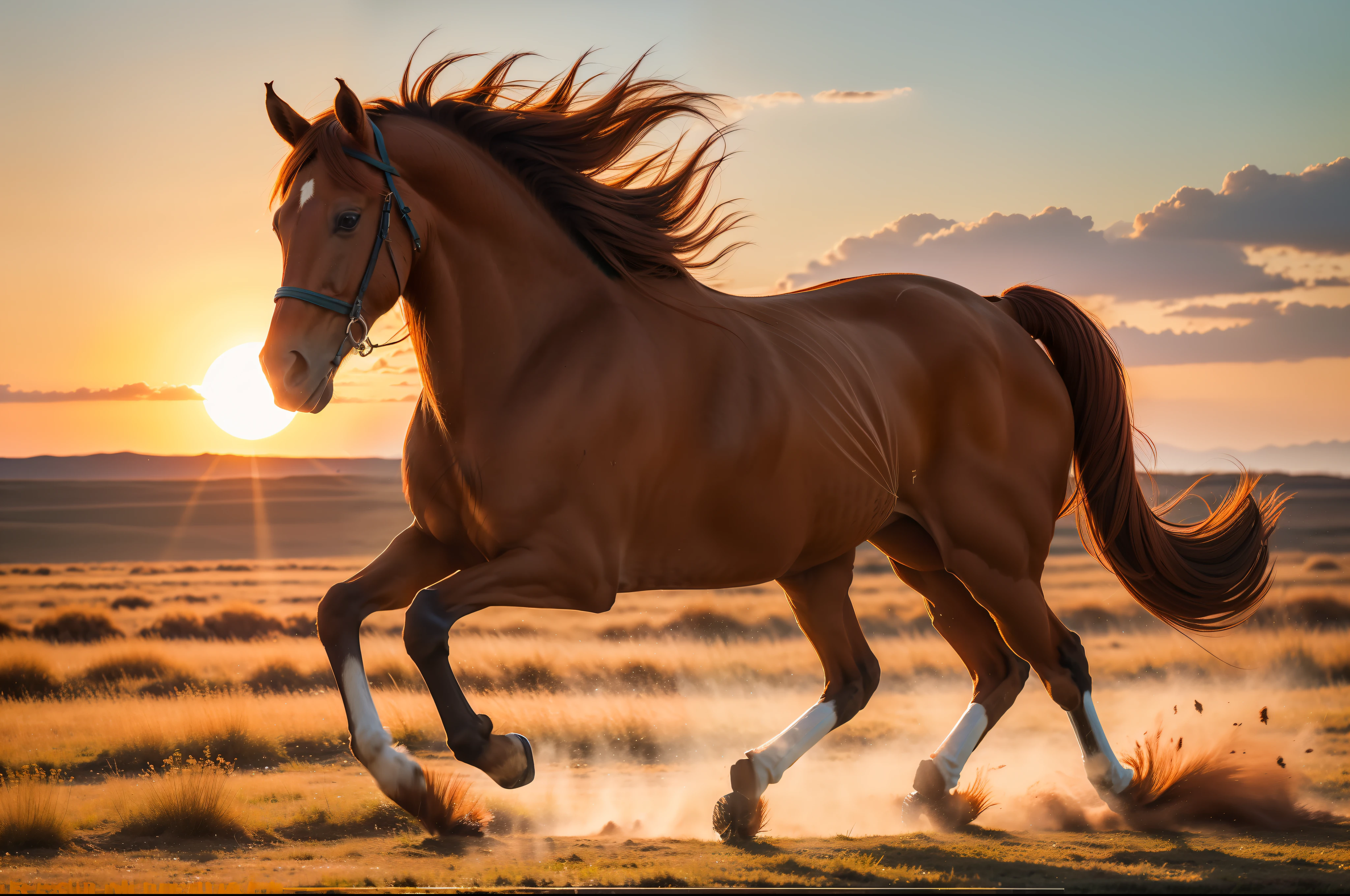 A brown-red horse galloped across the steppe in the setting sun, full limbs, long mane,