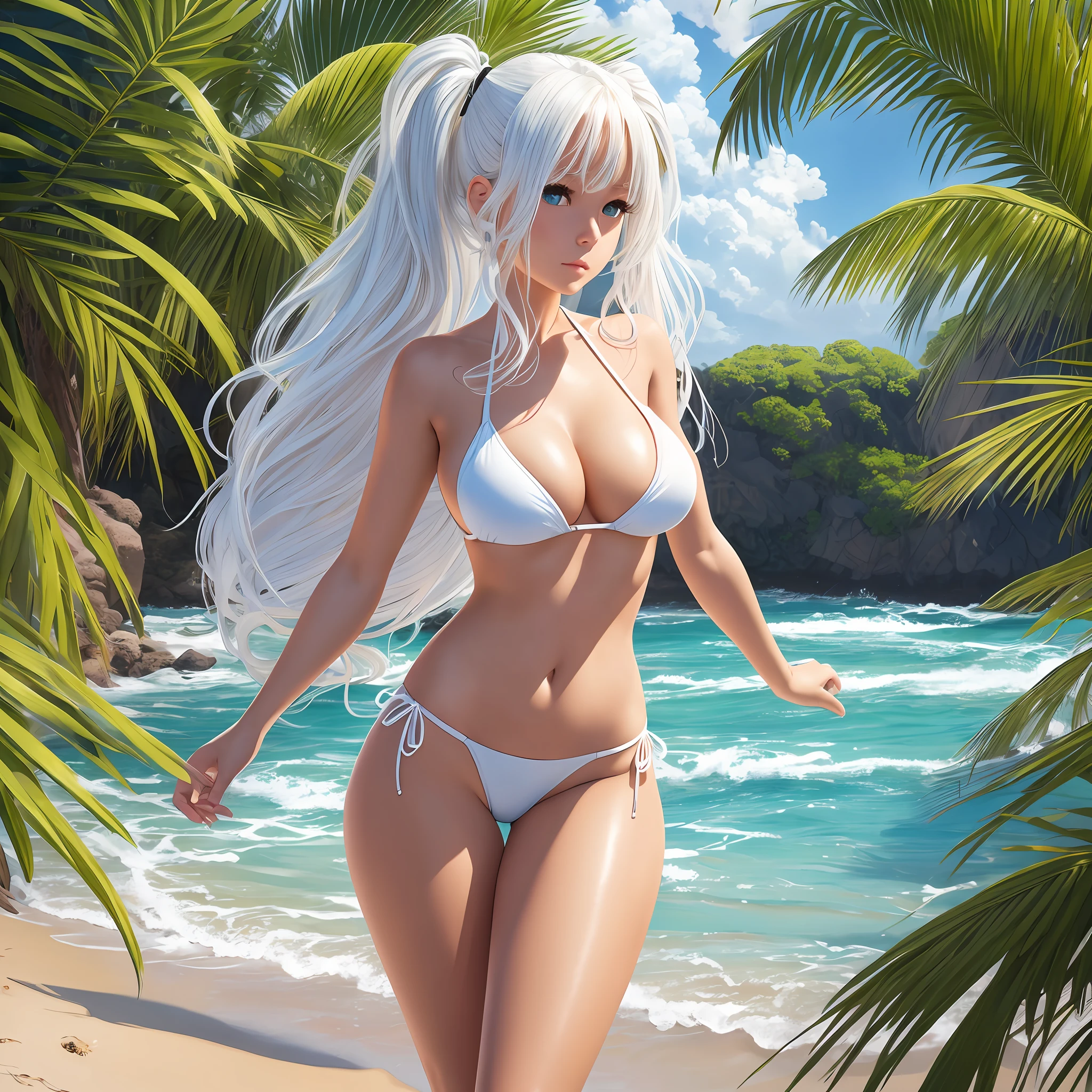 Beautiful Girl White String Swimsuit Bikini Swimsuit White Hair Twin Tail Curls Big Sandy Beach, Full Body photorealistic, photography, masterpiece, realistic, realism, photorealism, high contrast, photorealistic Artstation 8k HD Trending digital art in high resolution Detailed and realistic, detailed, skin texture, ultra detailed --auto --s2