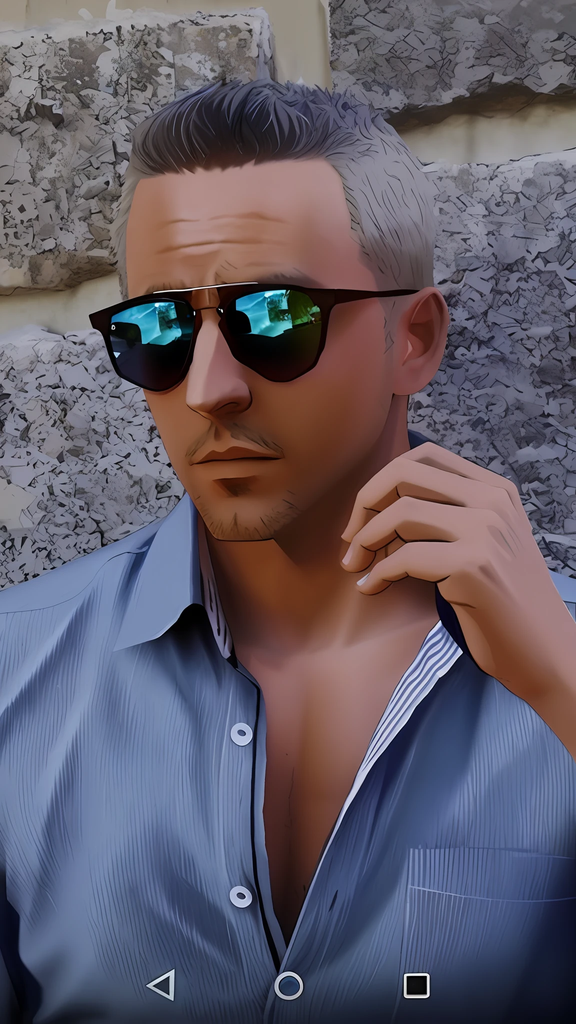 Man in sunglasses and blue shirt in front of a graffiti wall, profile photo, wearing mirrored sunglasses, with sunglasses, GTA San Andreas style