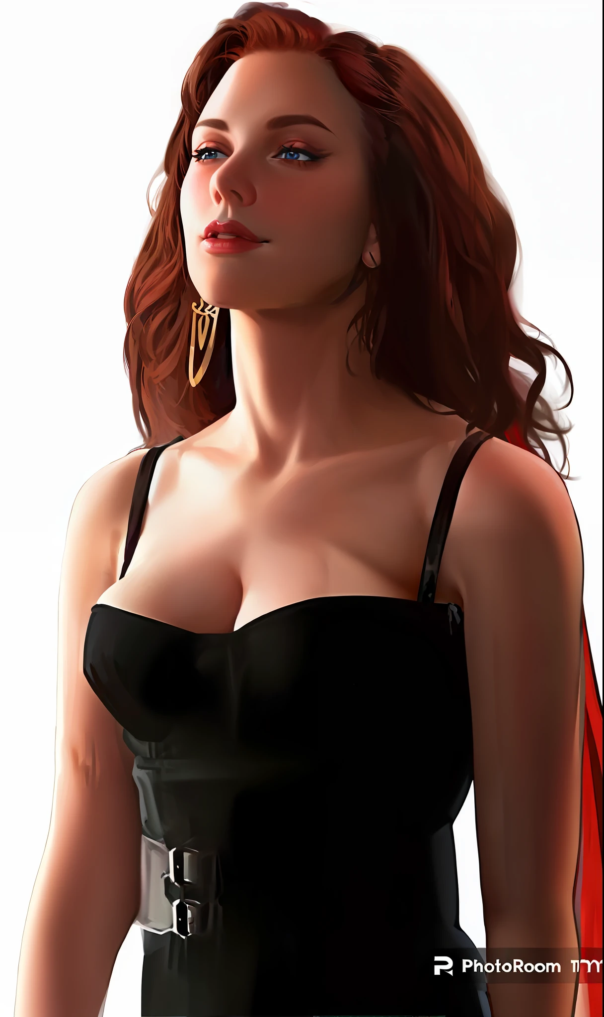 a close up of a woman in a black dress with a red hair, sultry digital painting, sexy painting of gal gadot, cleavage, mara jade, sexy movie photo, black bra, digital art of an elegant, sexy girl, extraordinarily detailed woman, fully clothed. painting of sexy, perfectly shaded body, seductive lady, redhead woman, sensual woman