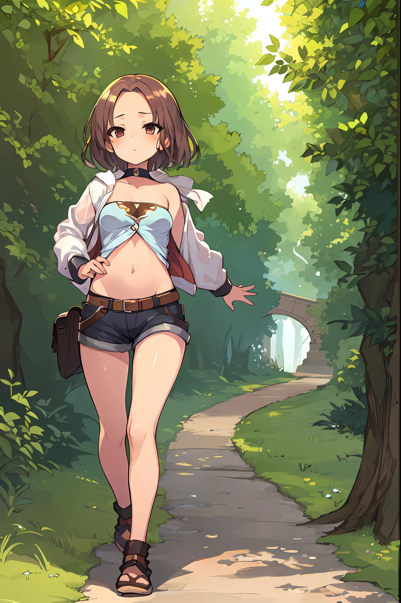 masterpiece,, best quality, girl shorts, you can see the buttocks, cleavage between breasts, very small breasts,,************,very short hair,forehead visible,bronze hair,,****,,belly button out,thighs visible,swaying,run,full body,adventurer