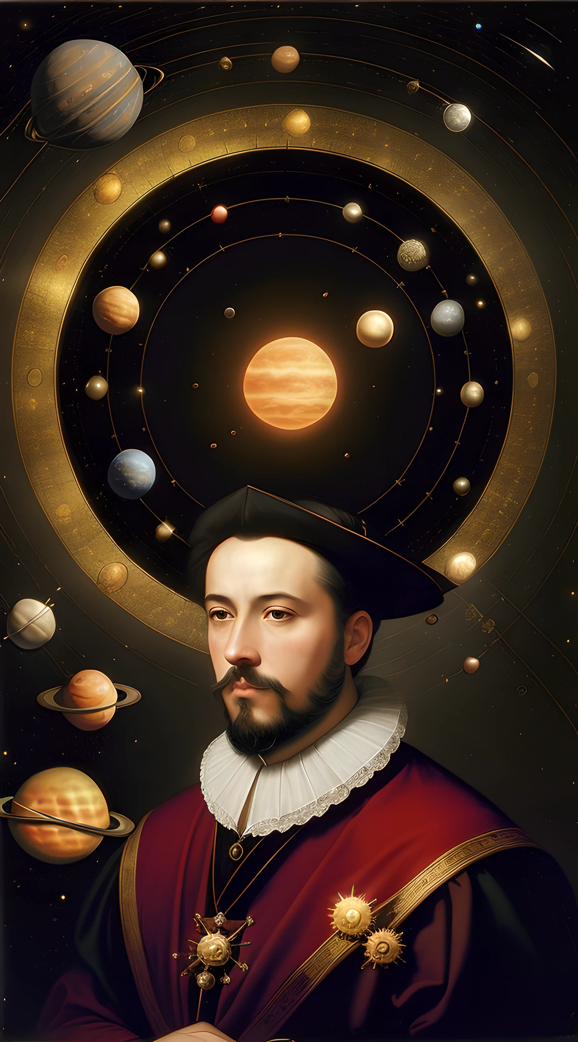 (masterpiece, 8K, UHD, photo-realistic by Greg Rutkowski:1.3), Galileo Galilei, inquisitive and wise, (16th-century attire:1.2), elaborate ruff, dark doublet, holding a telescope, gazing towards the viewer, (backdrop of the solar system:1.4), planets in alignment, star-studded black void, the sun at the center, subtle reflections, cool colors, serene atmosphere, looking at viewer.