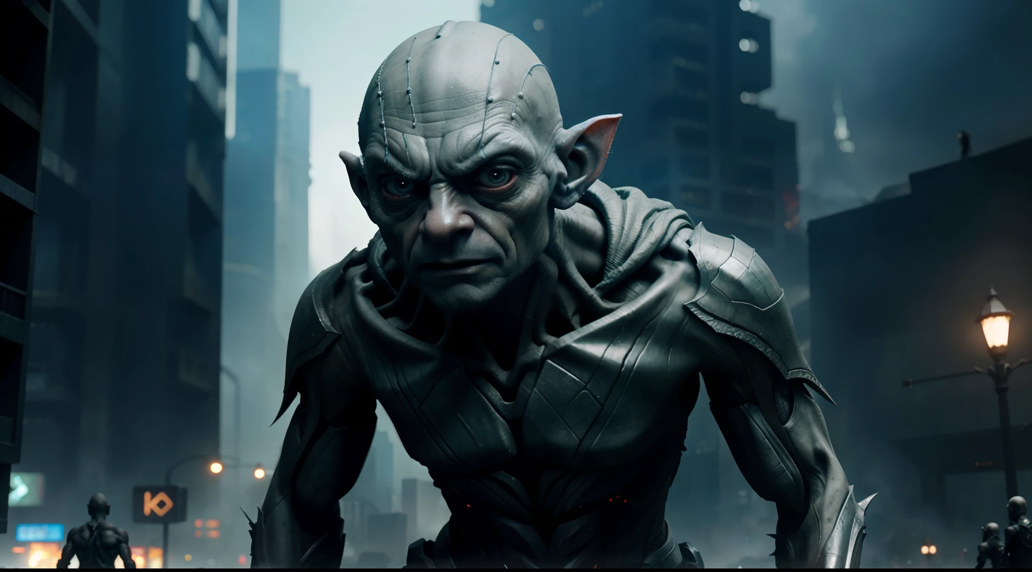 gollum with cybernetic enhancements, Lord of the Rings, J.R.R. Tolkien, in the background of cyberpunk city, vibrant, photorealistic, realistic, hyper-realism, insanely detailed, dramatic, dark, sharp focus, 8k