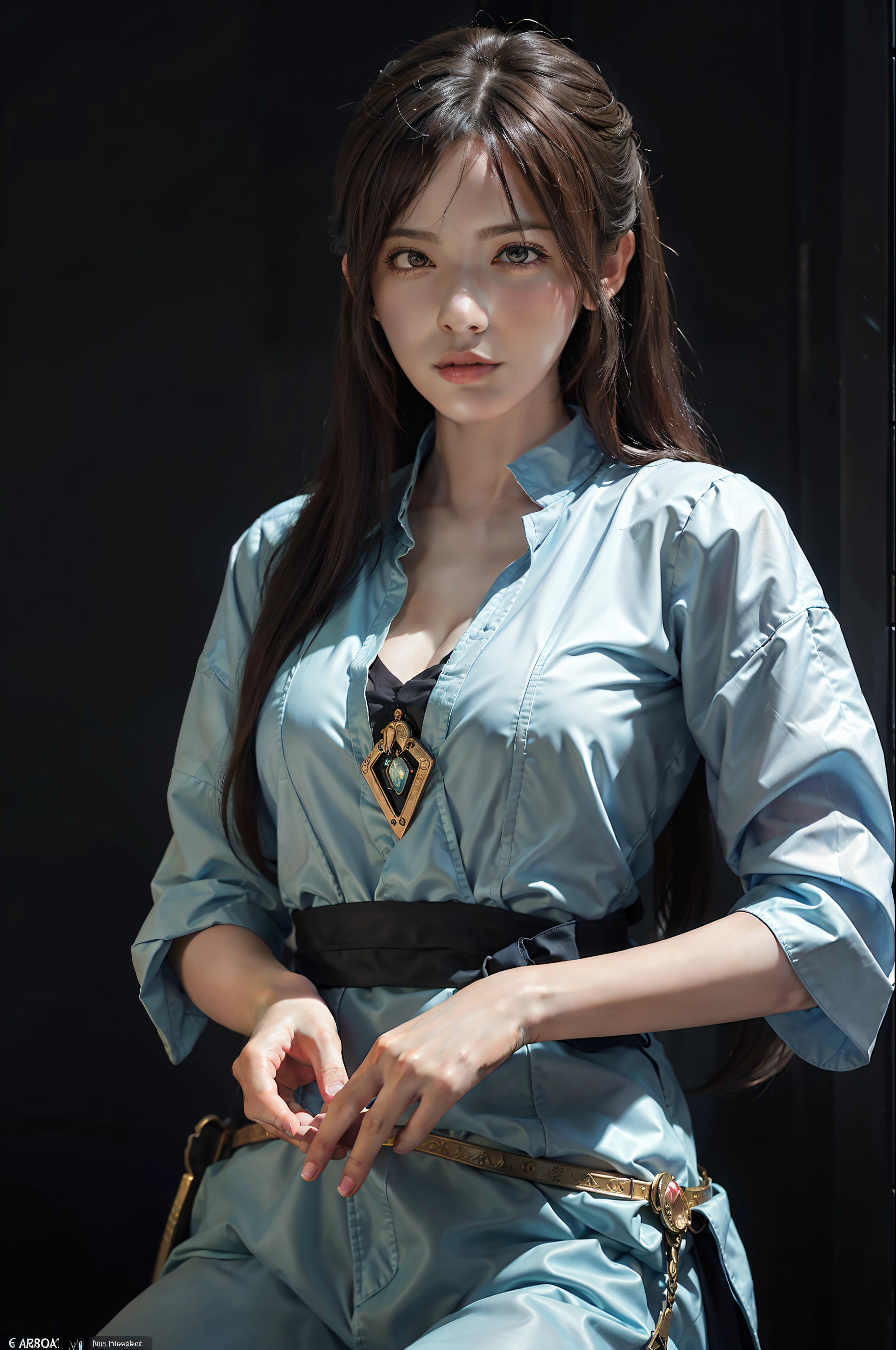 Hyperrealist portrait of female by david hockney and alphonse mucha,fantasy art, photo realistic, dynamic lighting, artstation, poster, volumetric lighting, very detailed faces, 4 k, award winning,, 1girl, in the dark, deep shadow, low key,cowboy shot,(official clothing:1.4) ,long hair,white hair,