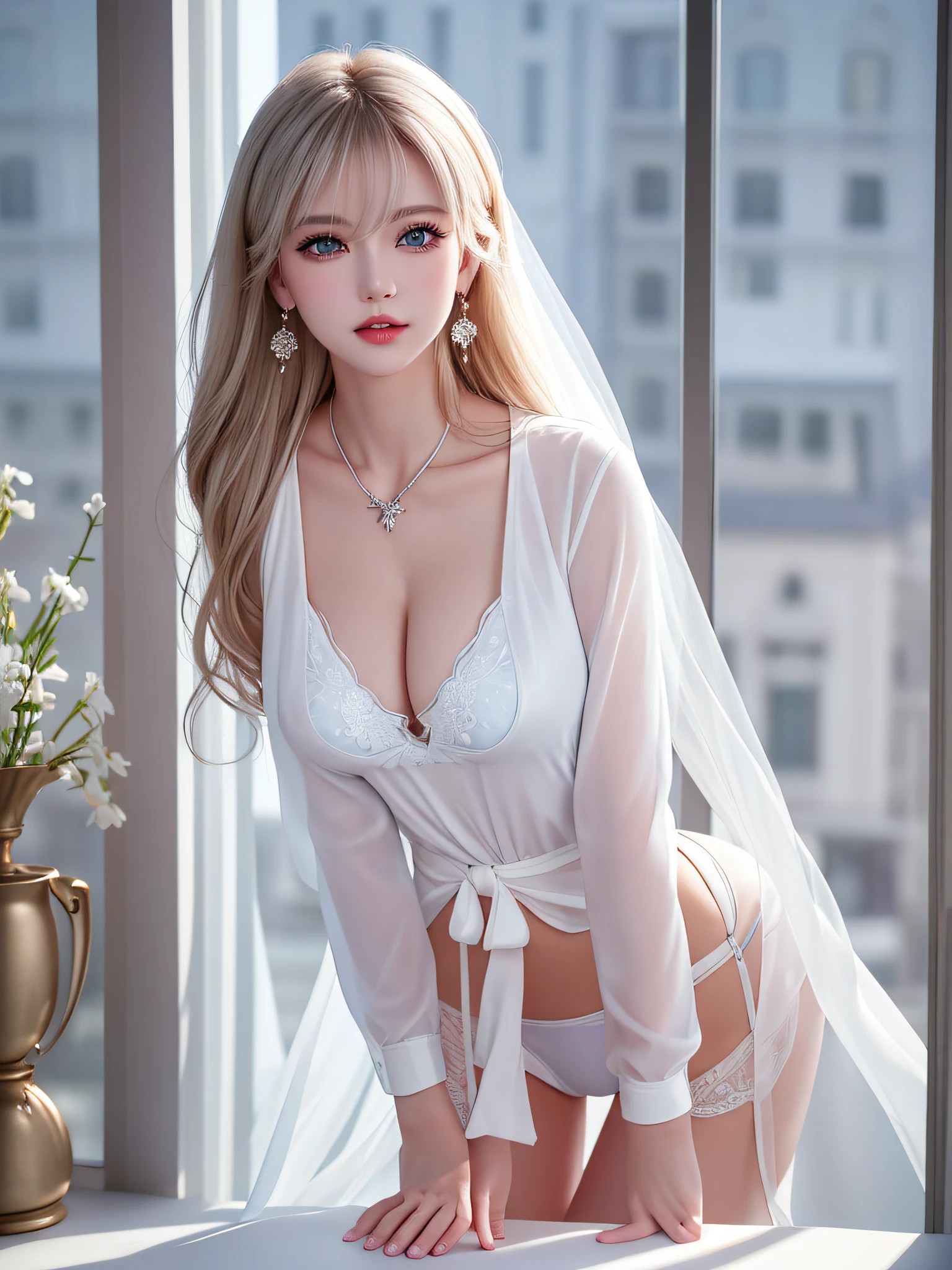 Women, Necklace, Earrings, Full Body V6, Long Gray Hair, Translucent Clothes, Look, Exquisite, Ultra High Definition, RAW Photo, Realism 1.25), (Bright Lip Gloss, Long Eyelashes, Smooth) Face, Bright Skin, Natural Shadows, Wide Light, Wide Light, Depth of Field, Strong Colors, Subtle Caustics: 0.8), Smile, (Big), V6 ((Adriaan Honnig))) Girl with blonde hair and blue eyes, beautiful, thin ((white sheer blouse, black silk underwear, underwear bite, sexy pose, lower body slender, back figure, gaze by the window, buttocks sticking out, on all fours, buttocks facing here, hair short bob woman, ((white sheer blouse)), no bra, underwear bite, sexy pose, lower body slender, behind the woman, there are windows showing various buildings in the city (absurdity, high resolution, super detail),