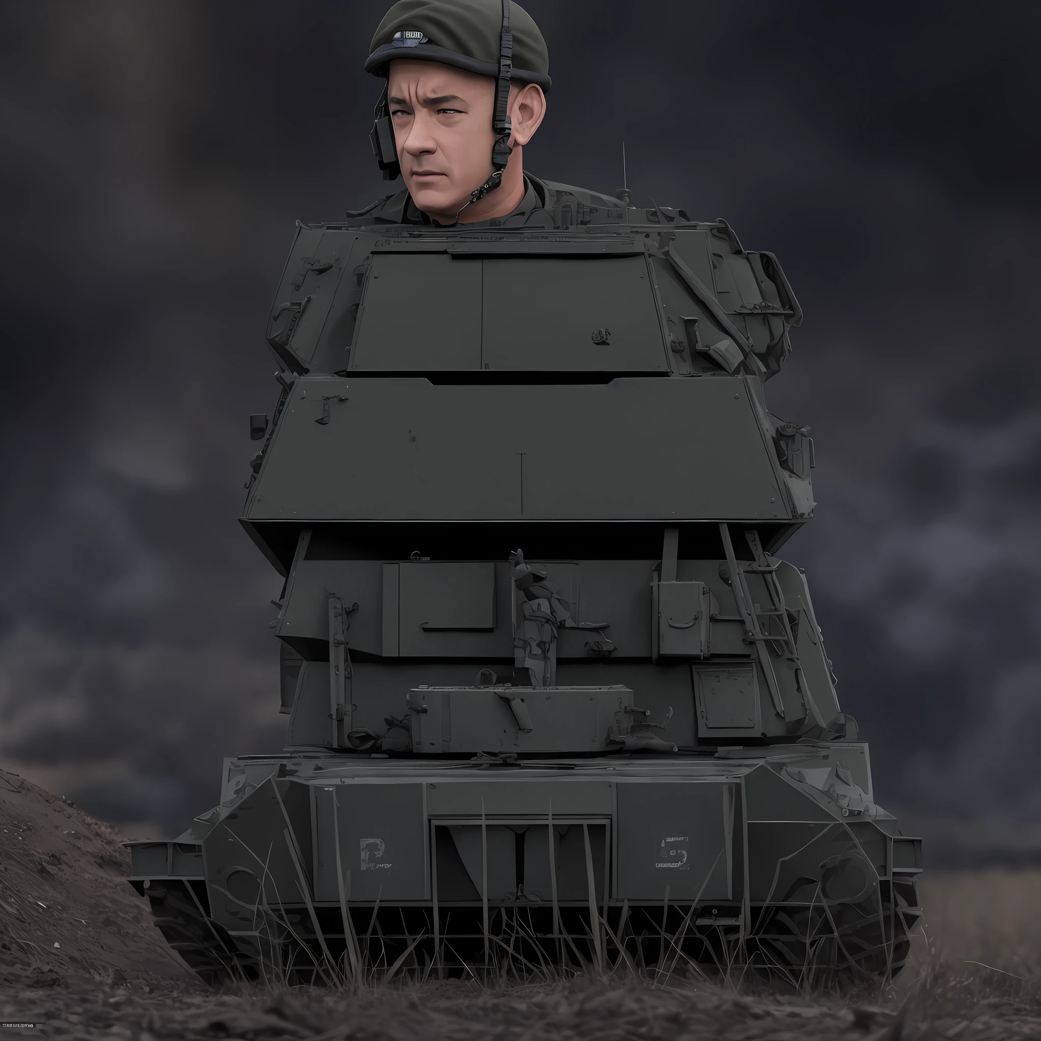 Tom Hanks dressed as a soldier, in front of an American lav-25, --auto --s2