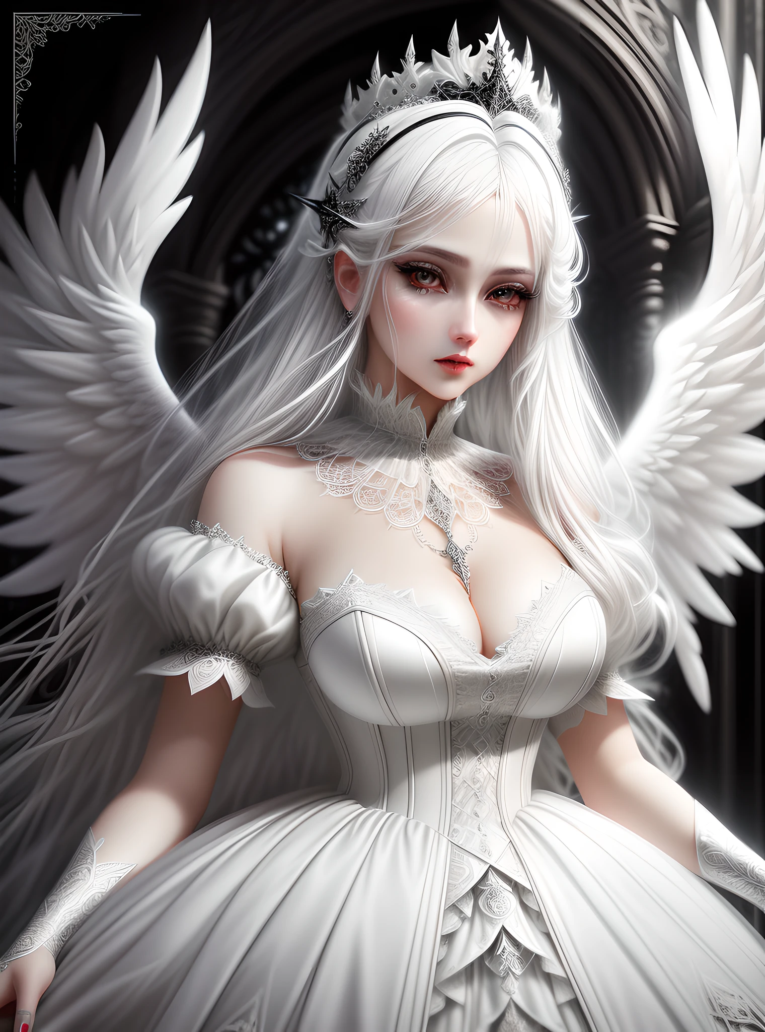 Insanely detailed photograph of a gorgeous angelic female, goth Renaissance, long voluminous white hair, intricate white eyes, fantastical, vampire, ethereal, hyperdetailed, 32k resolution, dynamic lighting, hyperdetailed, intricately detailed, trending on Artstation, white dress, volumetric lighting, BalenciagaStyle