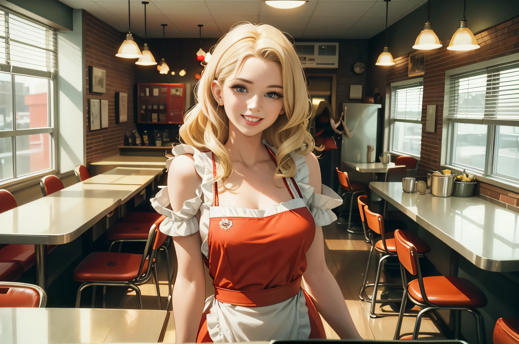 Generate an image of a young woman in a 70's style with a vintage American comic book look. The woman is blonde, shoulder length hair, curled outward, and is a waitress at a diner. She is wearing a (((red dress))) and (((white apron))), She has a smiling expression on her face and the background is a diner with retro furniture.