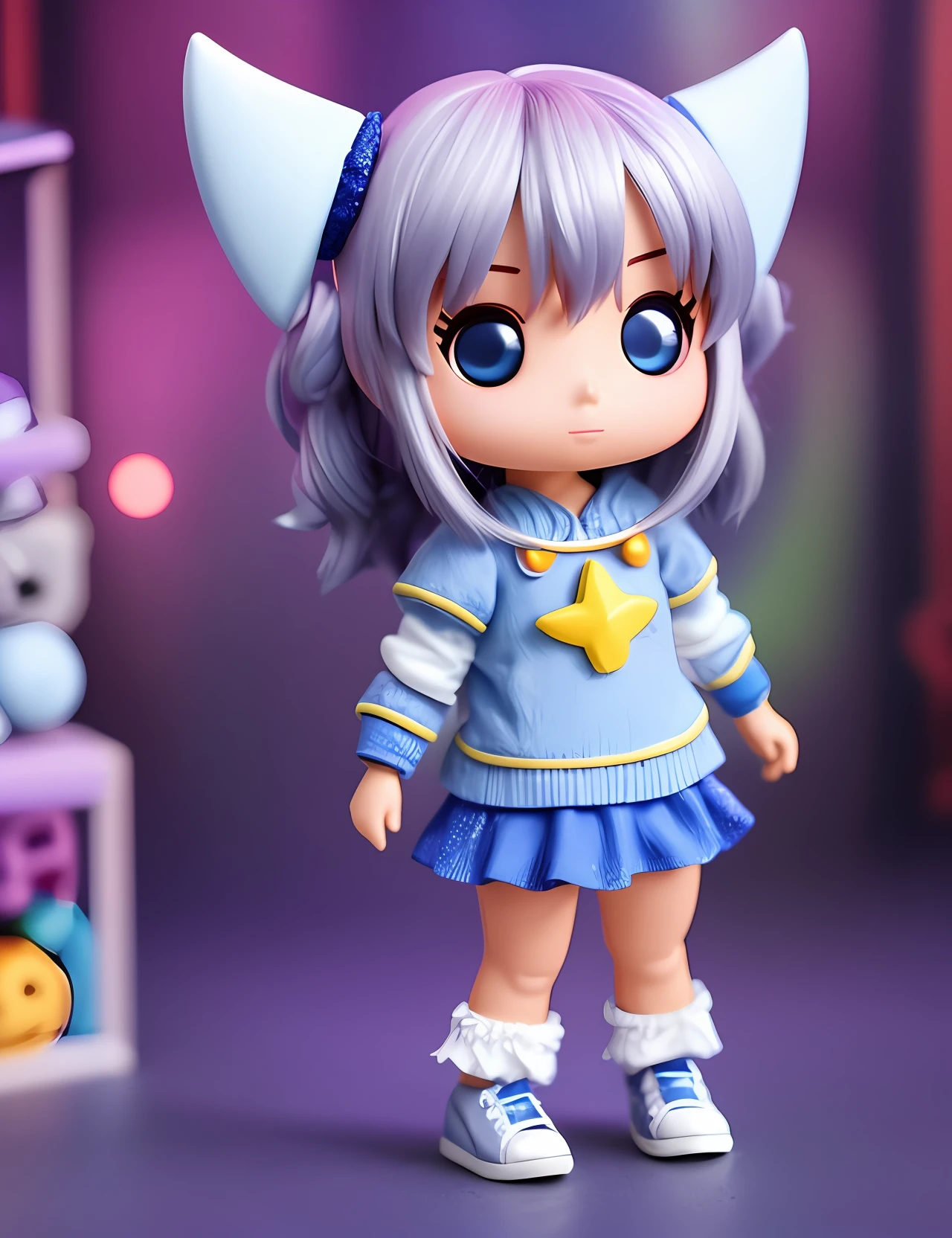 Super bonito menina corpo inteiro imagem 3D, 1pc, bons olhos olhando, olhos grandes, bonito, feliz, c4d, pop matt blind box, cabelo longo branco, bolhas brilhantes, brinquedos, solid color background, chibi, translucidez fluorescente, corpo luminoso, kawaii, boneca, Reference table, caixa cega pop mart, Pixar, detalhes complexos, 3D rendering, batedeira, renderizador OC, FOL body reference sheet,  Drible, Detalhes Altos, 8K, Studio Lighting, Loli, Petite, toddler, Chibi, SD personagens: 23, fundo do Magic Space Warehouse --auto --s2