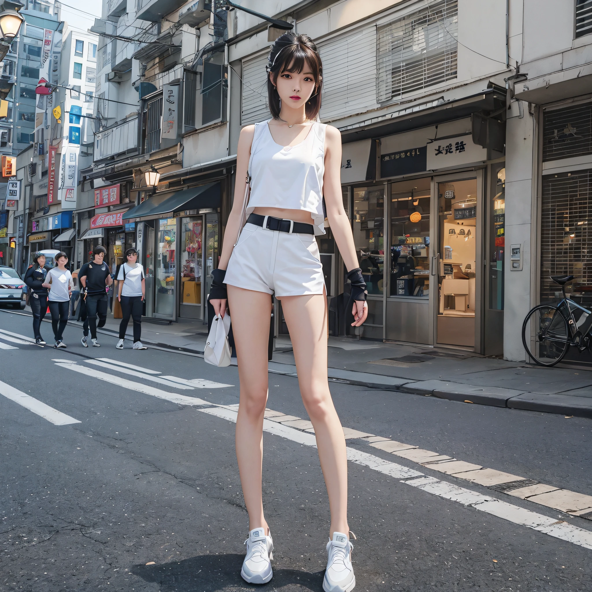 (High-tech, city night scene, modern woman, professional photography), (waistless white sports vest, sports shorts: 1.2, black loafers: 1.1), (live-action, tall, bangs), (overhead shot: 1.1, light and shadow, realism), , street lamps), (exquisite makeup, Valentino, fairy, light makeup, opaque clothes, white clothing), full body view, standing posture, details depicted vividly, realism" live-action style, 8K, HD, leg line optimization (((avoid muscle legs))), ((((Don't anime style two-dimensional)))), reduce muscleiness, flat viewing angle, (single), small movement standing posture, (((full body image))), (clean background), body ratio golden ratio 0.618, show face. 20-25 years old, white skin, face makeup strengthening, refinement, do not anime style, real people, black leather shoes, real character scenes, real, composition do not squint, whole body, characters account for 2/3 of the proportion of yellow face --auto --s2