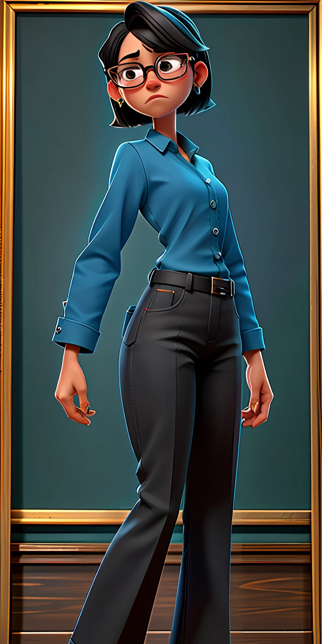 (best quality, masterpiece), 1girl, black short hair, blue suit, black pants, black shoes, glasses, young teacher