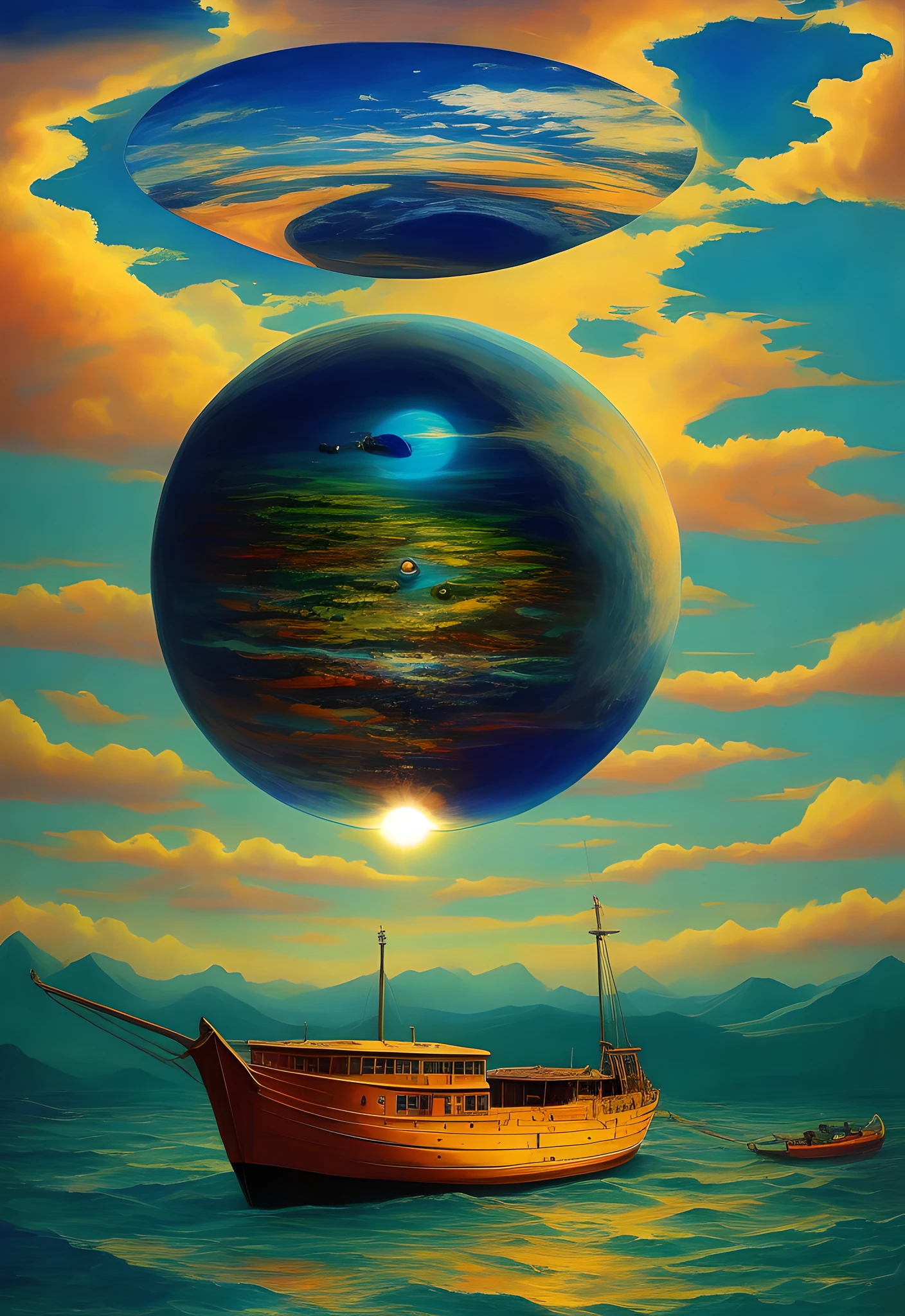 There is a painting of a boat in the water with a planet in the background, surrealist art, a surrealist scene, neo-surrealism. digital art, surrealist landscape, surrealist art, surrealist art, surrealist art, inspired by Peter Blume, inspired by Vladimir Kush, surrealist digital art, surrealist digital work, inspired by Aleksander Gierymski, surrealist artwork
Negative Prompts
(nsfw:1.5),sun, sunrise, worst quality, low quality, medium quality, deleted, lowres, comic, (watermark), ((text)), error, missing fingers, extra digit, fewer digits, cropped, worst quality, low quality, jpeg artifacts, (signature), username, blurry, artist name