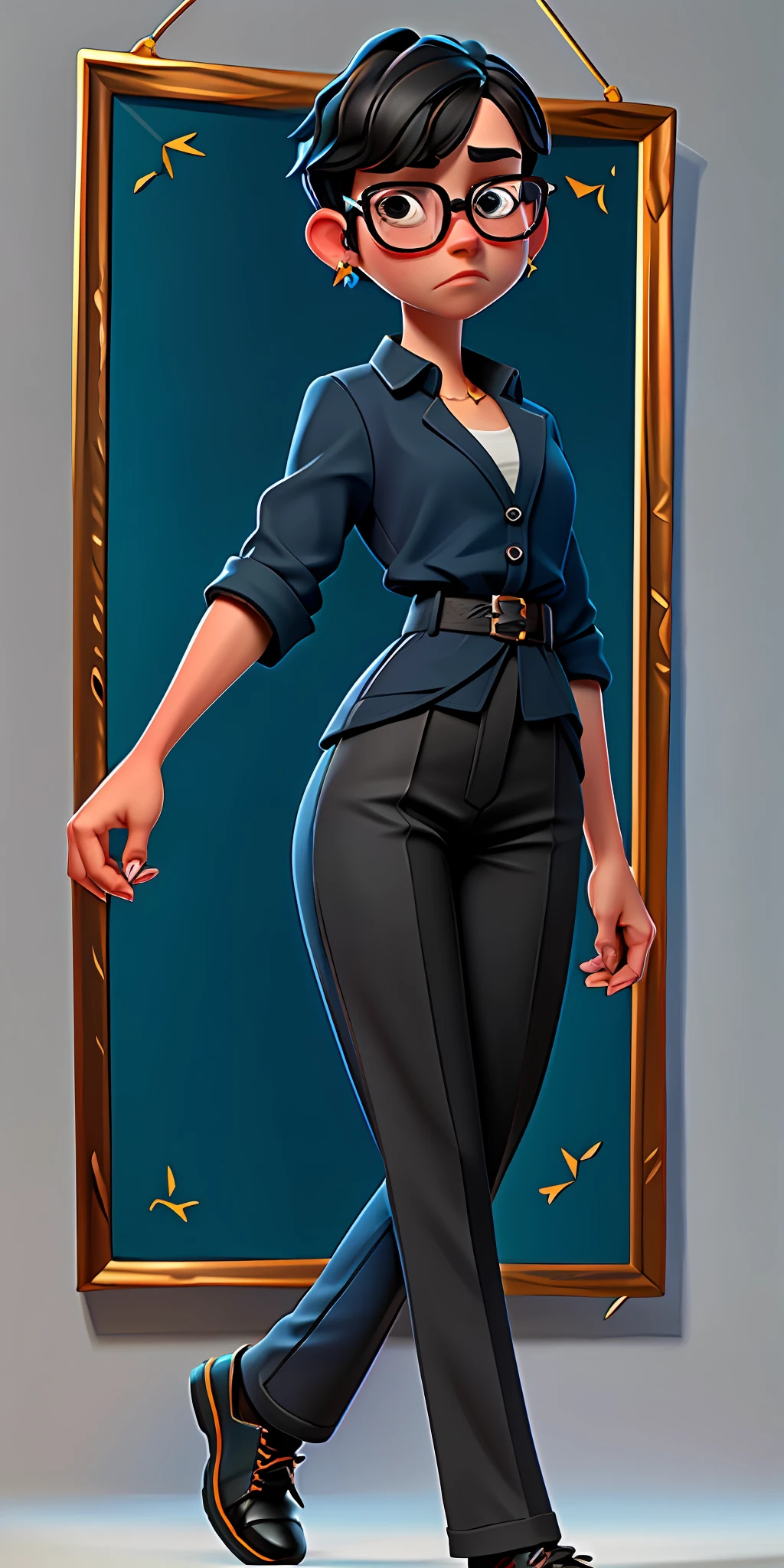 (best quality, masterpiece), 1girl, black short hair, blue suit, black pants, black shoes, glasses, young teacher