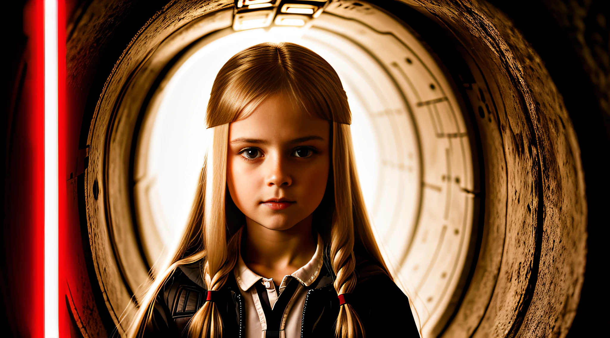 RUSSIAN CHILD GIRL WITH S OLD WITH LONG STRAIGHT BLONDE HAIR, PORTRAIT STYLE, CLOSEUP standing in a tunnel with a red lightsaber, 4K lightsaber wallpaper, digital art