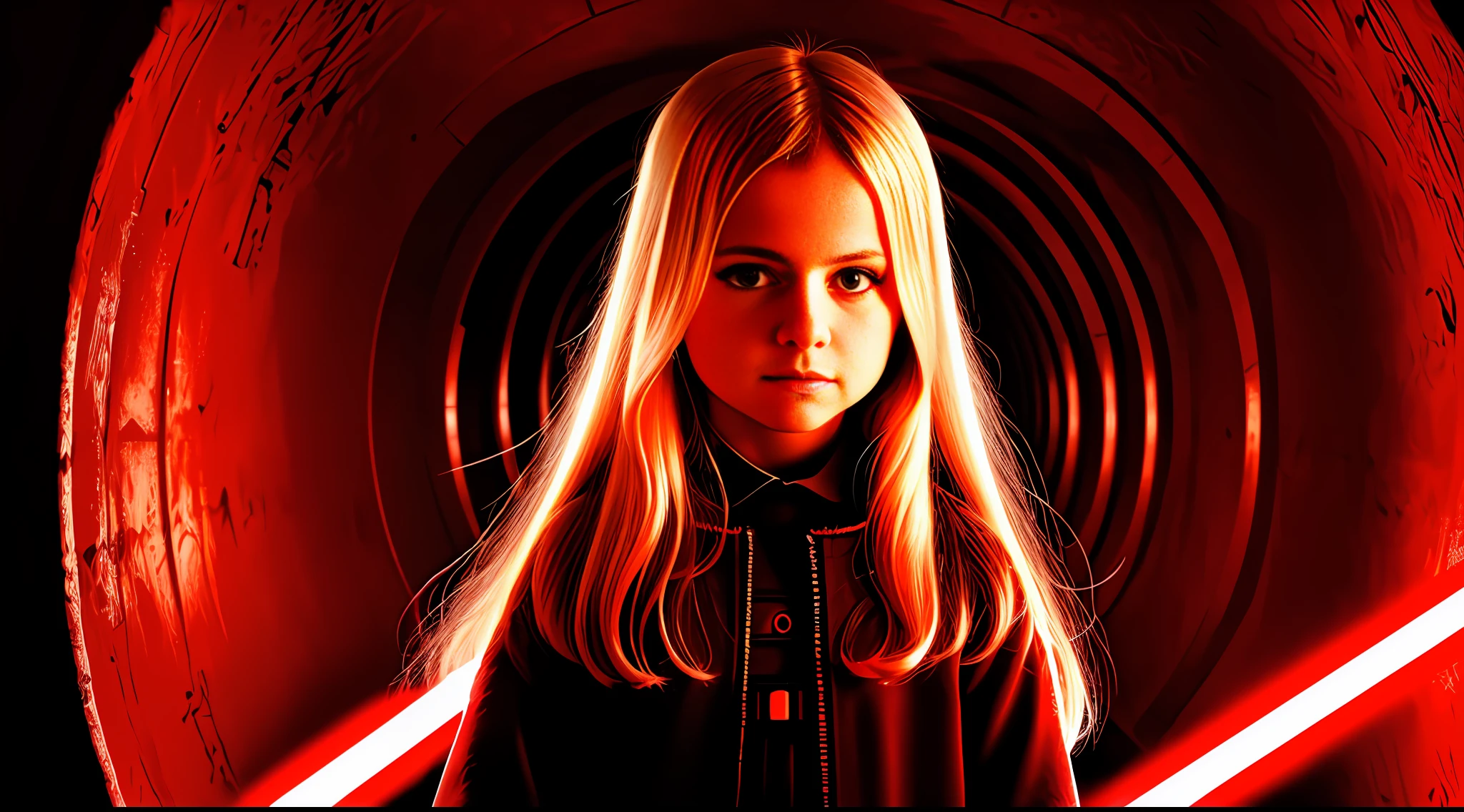 RUSSIAN CHILD GIRL WITH WITH LONG STRAIGHT BLONDE HAIR, PORTRAIT STYLE, CLOSEUP standing in a tunnel with a red lightsaber, 4K lightsaber wallpaper, digital art