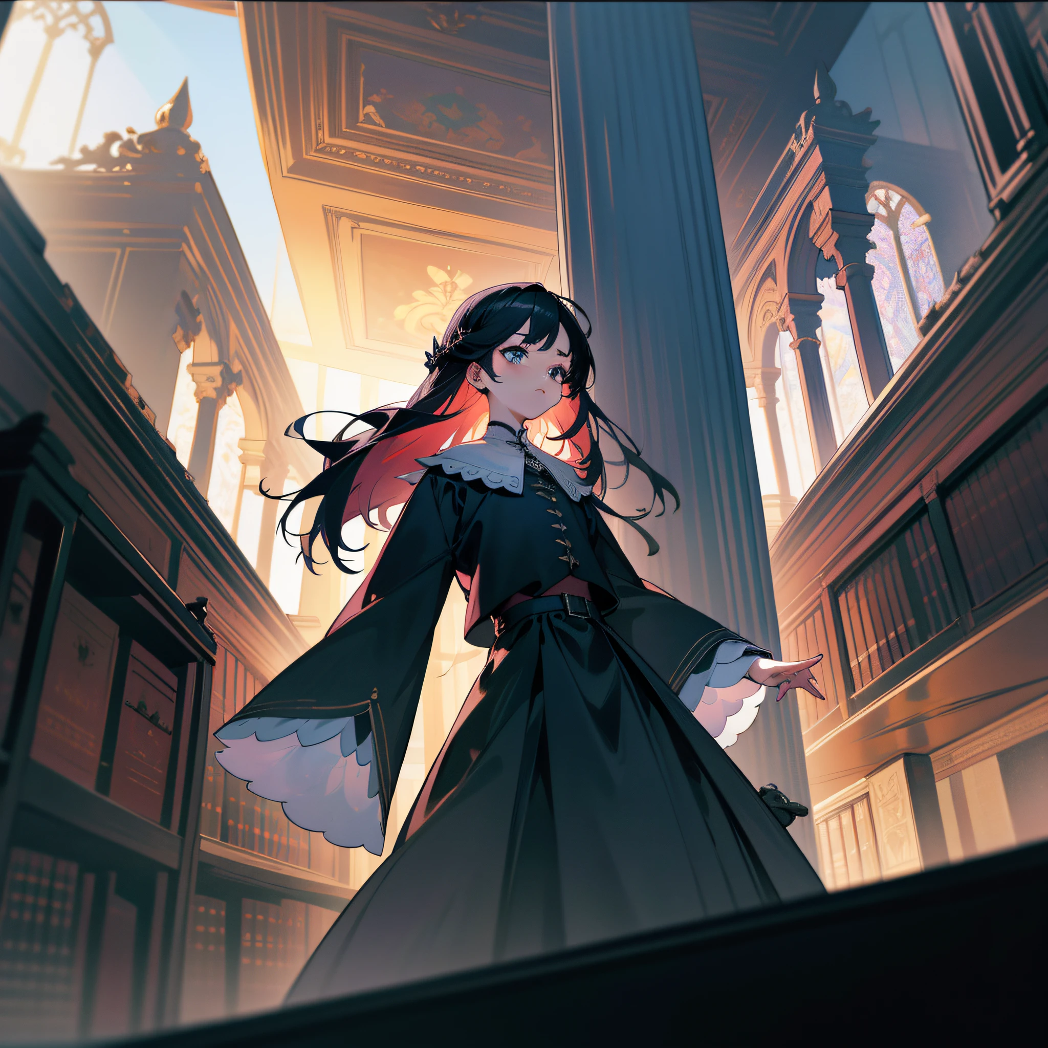 absurdres, highres, (official art, beautiful and aesthetic:1.2), very wide view, from below, BREAK
1 girl, solo, profile, looking up, cute face, white blouse, black long skirt, black hair, BREAK
insanely big library, (insanely high ceiling:1.4), (insanely tall bookshelves:1.4),